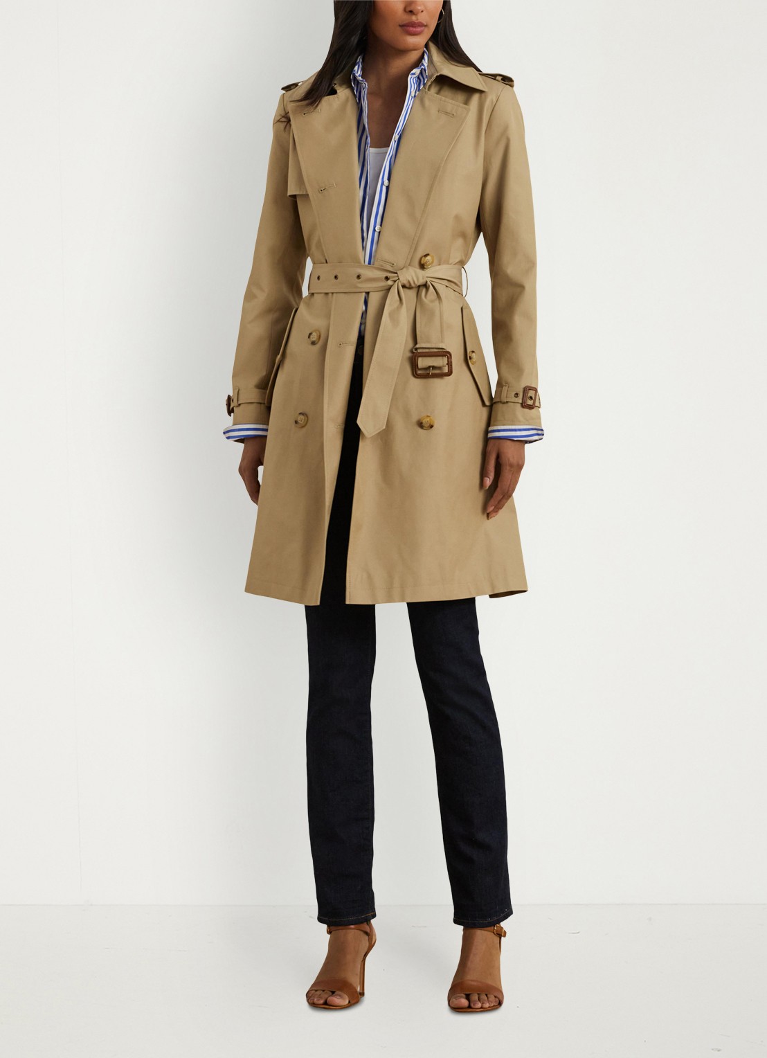 Ralph Lauren Double-breasted trenchcoat met ceintuur - voorkant 3 birch tan-30ph / beige