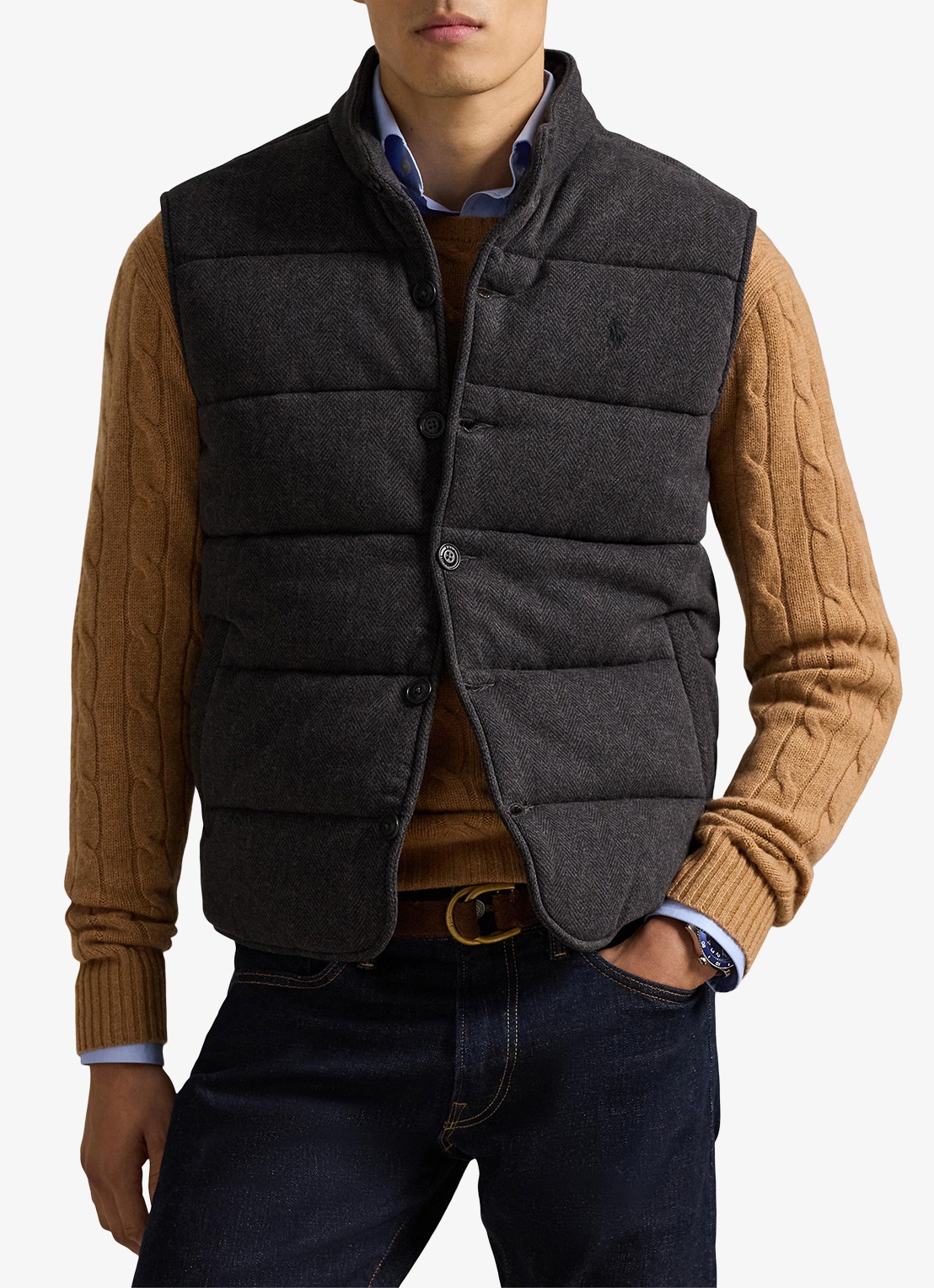 Ralph Lauren Estate-rib bodywarmer met visgraatprint - detail 3 donkergrijs