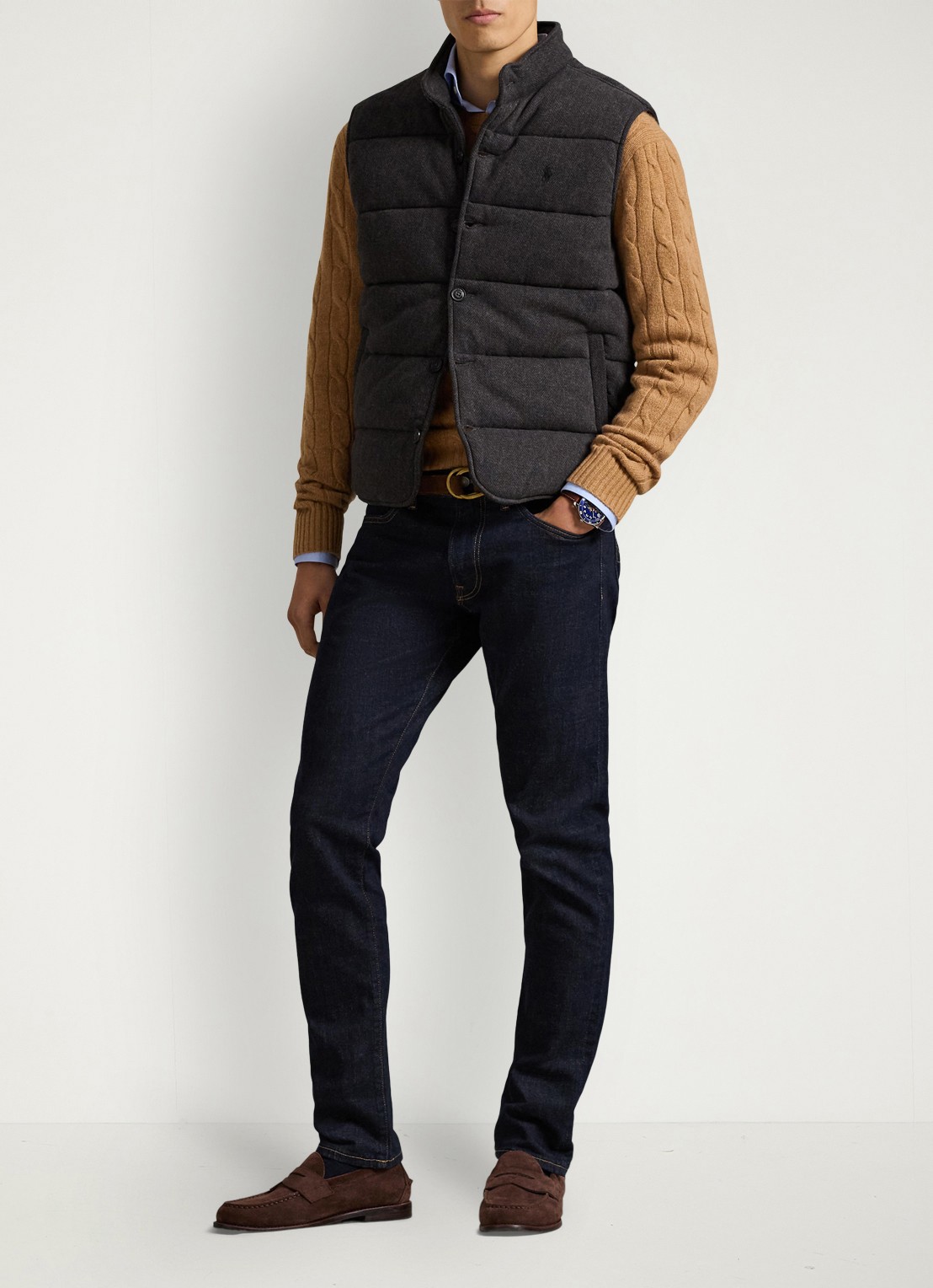 Ralph Lauren Estate-rib bodywarmer met visgraatprint - voorkant 2 donkergrijs