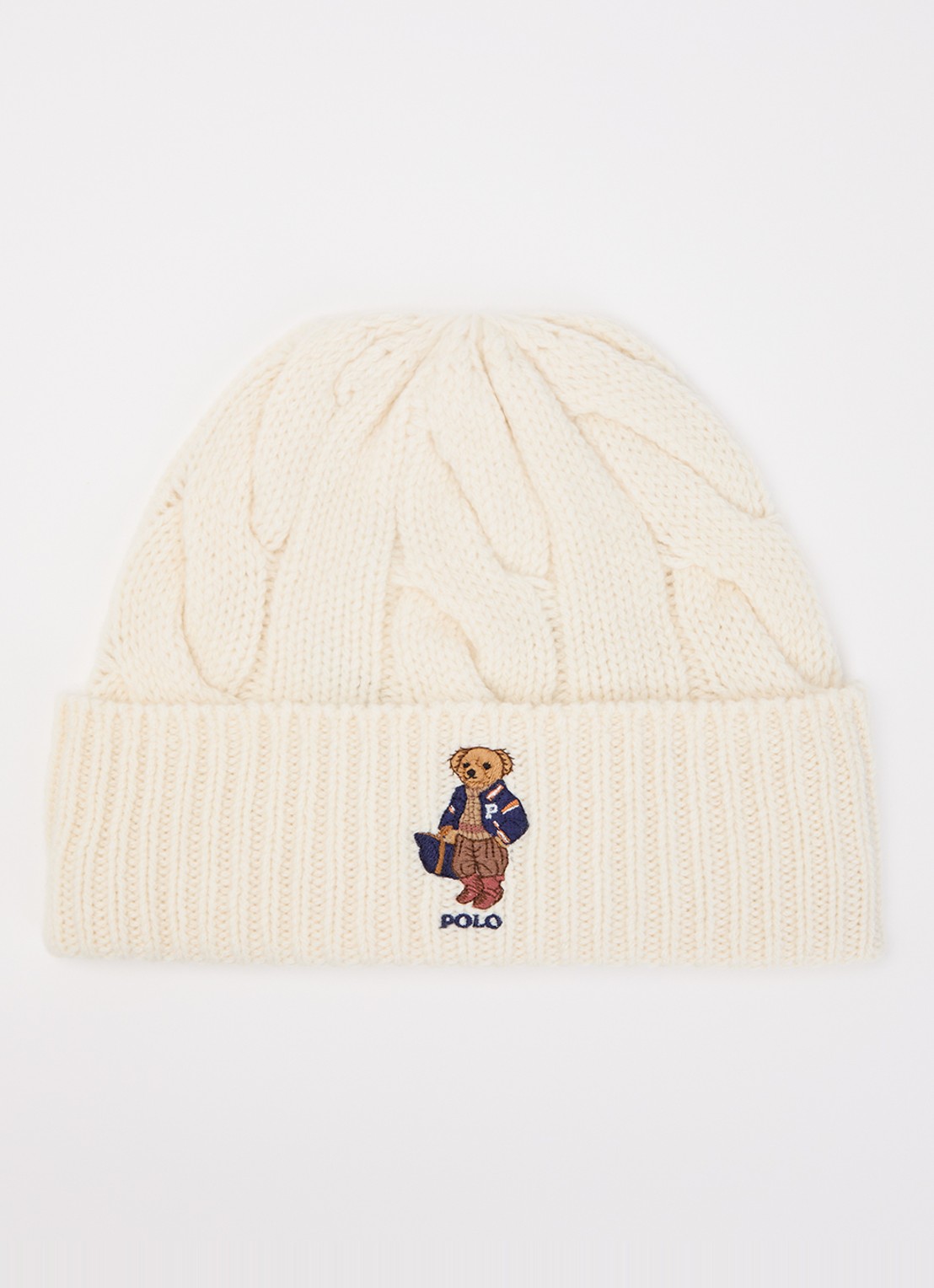 Ralph Lauren F26 Bear ribgebreide muts in wolblend met logoborduring - voorkant ivoor
