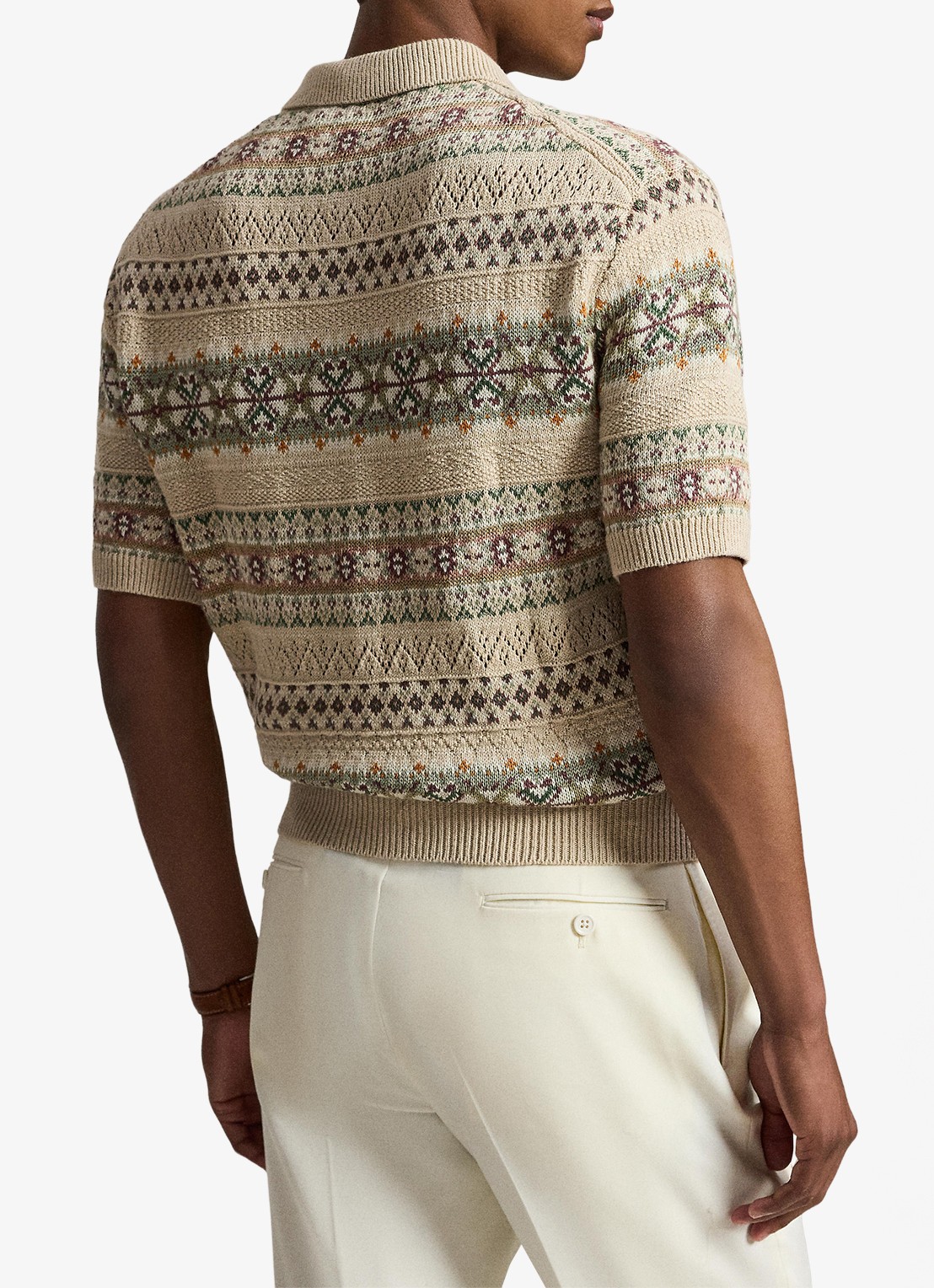Ralph Lauren Fair Isle fijngebreide slim fit polo in linnenblend met ingebreid patroon - achterkant 3 tan combo / beige