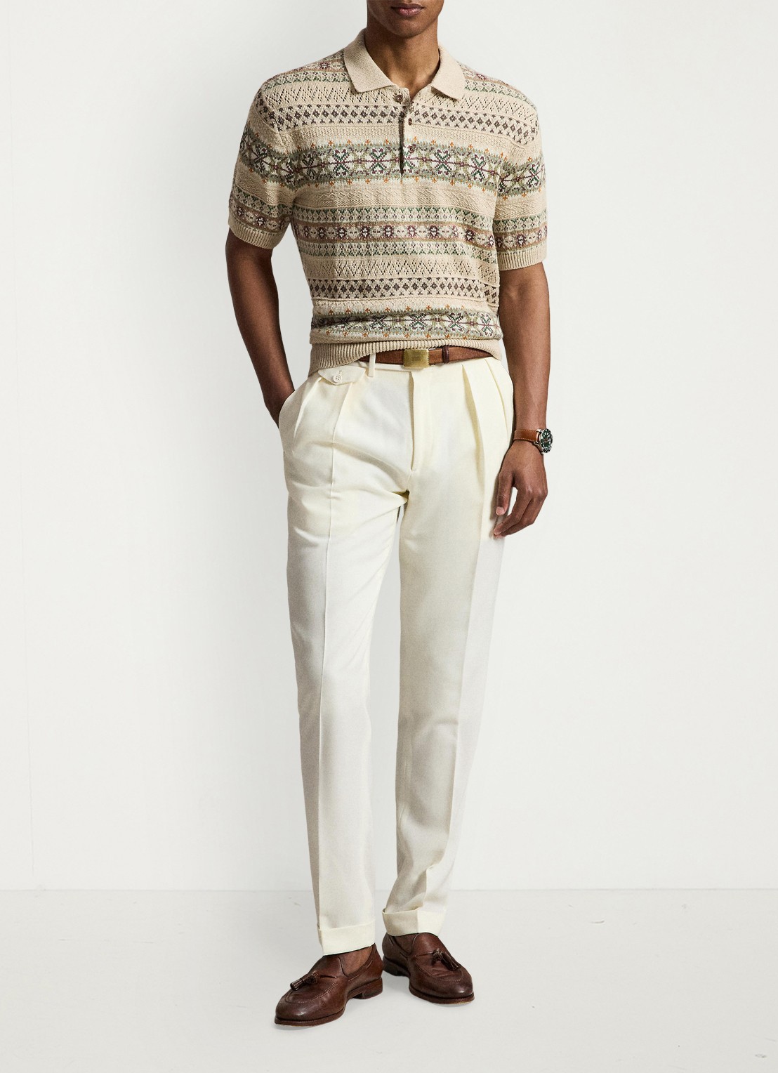 Ralph Lauren Fair Isle fijngebreide slim fit polo in linnenblend met ingebreid patroon - detail 4 tan combo / beige