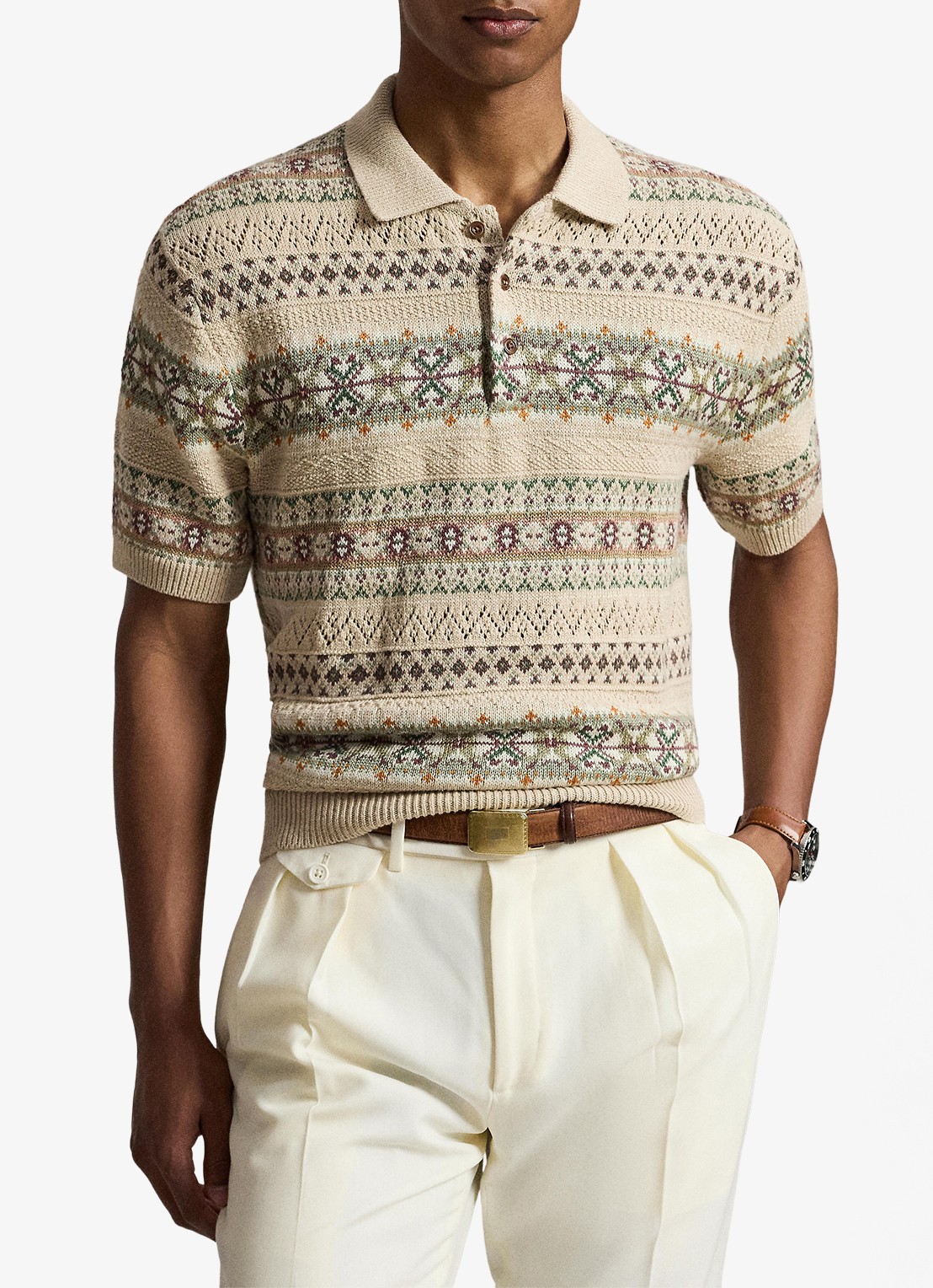 Ralph Lauren Fair Isle fijngebreide slim fit polo in linnenblend met ingebreid patroon - voorkant 2 tan combo / beige