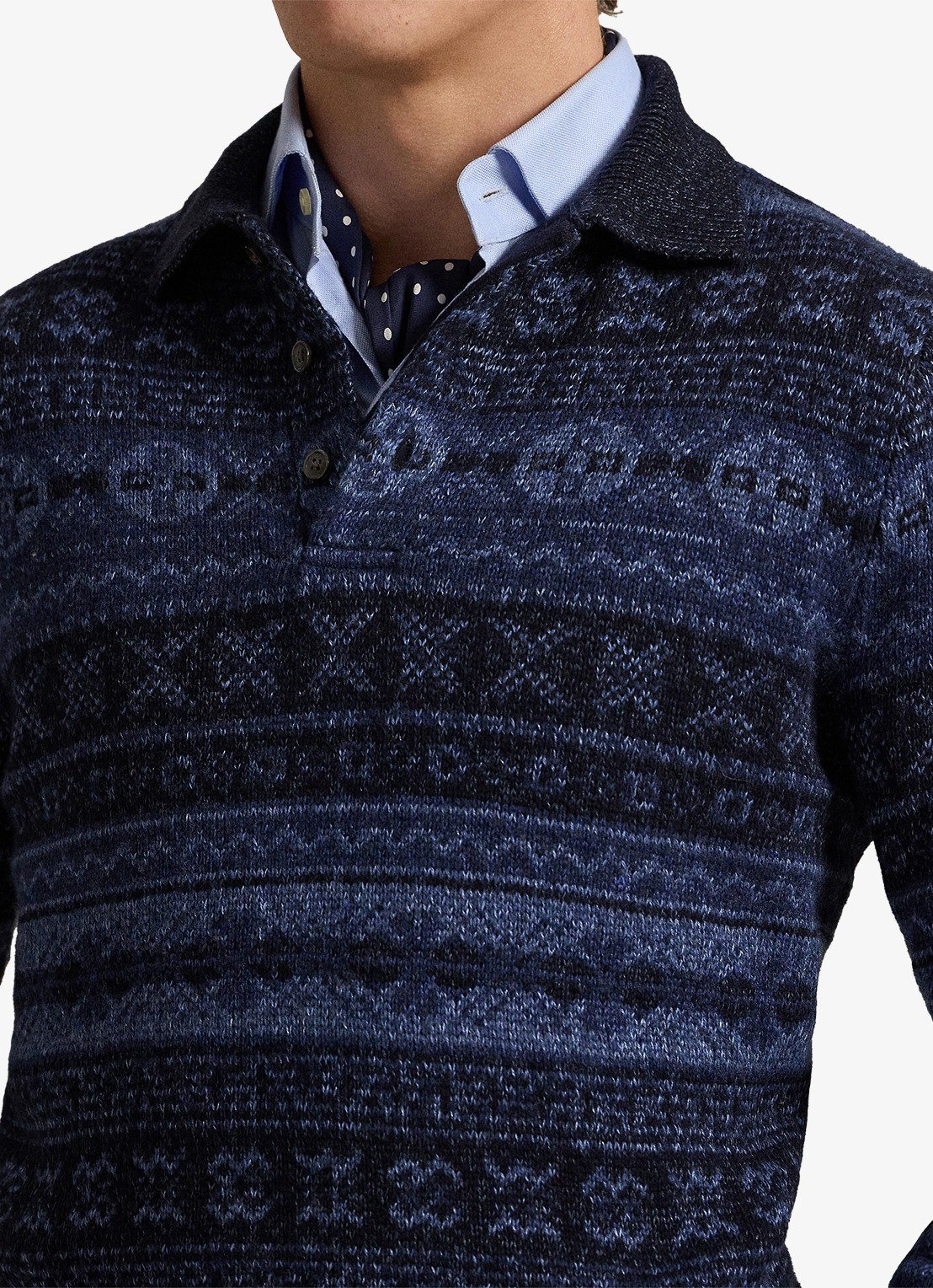 Ralph Lauren Fair Isle fijngebreide trui in wolblend met polokraag - detail 4 donkerblauw