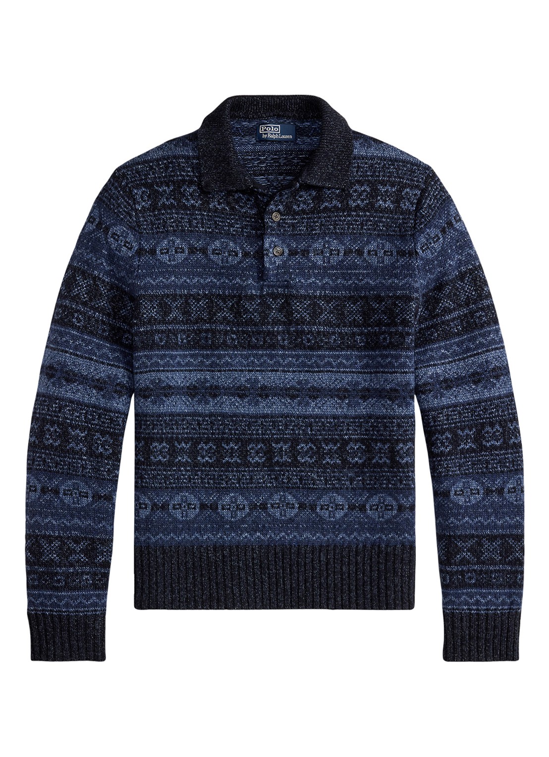 Ralph Lauren Fair Isle fijngebreide trui in wolblend met polokraag - voorkant donkerblauw