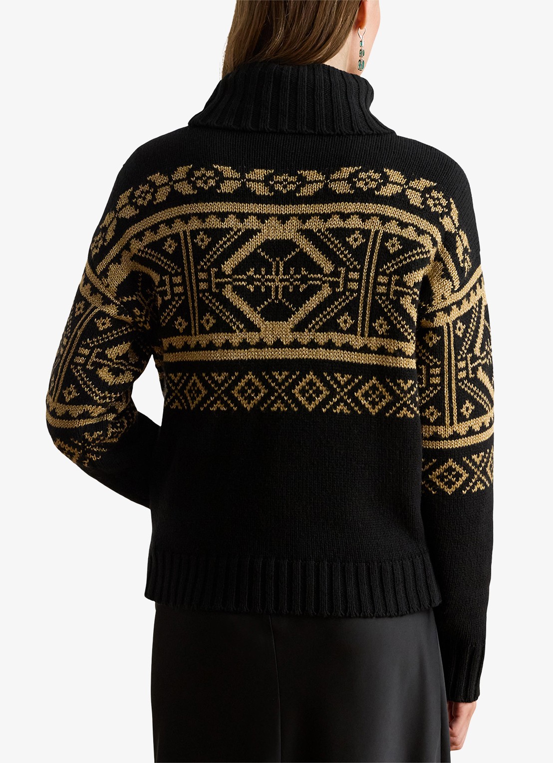 Ralph Lauren Fair Isle grofgebreide trui in wolblend met col - achterkant 3 black - relic gold metallic / zwart - goud