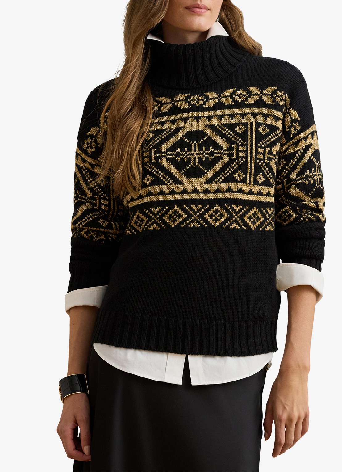 Ralph Lauren Fair Isle grofgebreide trui in wolblend met col - detail 4 black - relic gold metallic / zwart - goud
