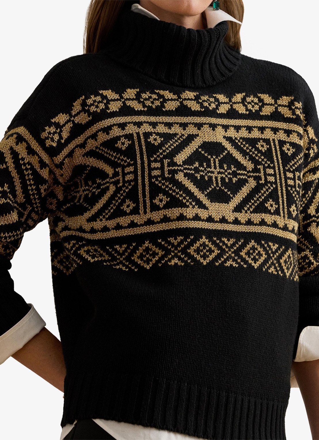 Ralph Lauren Fair Isle grofgebreide trui in wolblend met col - detail 5 black - relic gold metallic / zwart - goud