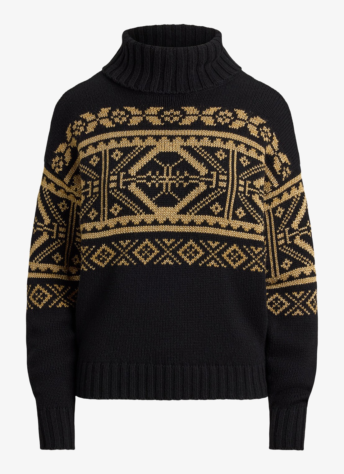 Ralph Lauren Fair Isle grofgebreide trui in wolblend met col - voorkant black - relic gold metallic / zwart - goud