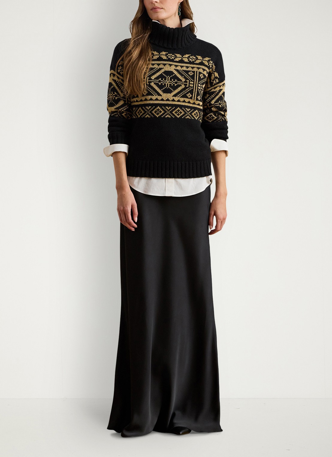 Ralph Lauren Fair Isle grofgebreide trui in wolblend met col - voorkant 2 black - relic gold metallic / zwart - goud