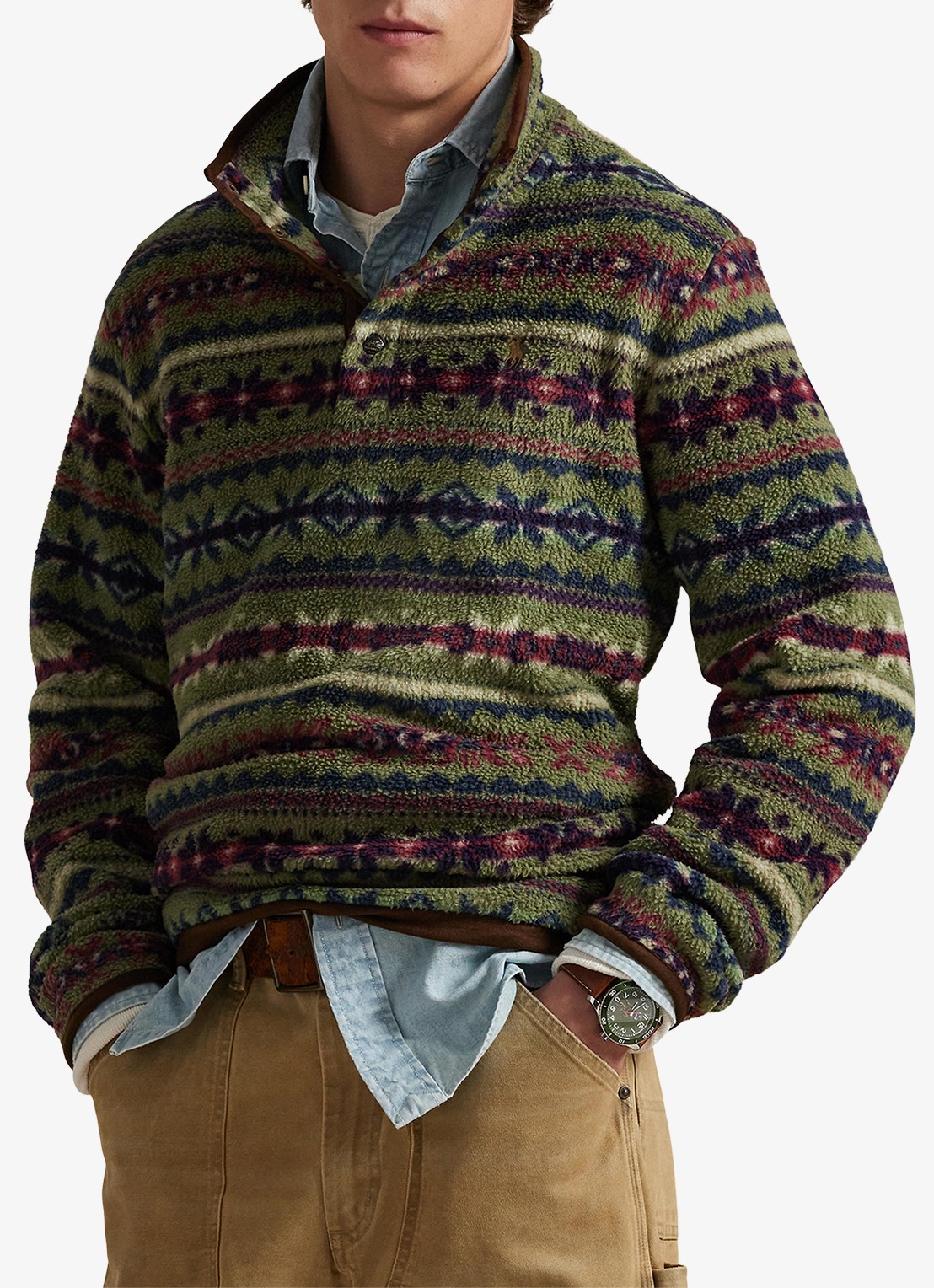Ralph Lauren Fair Isle trui van fleece met polokraag - detail 4 green combo / groen