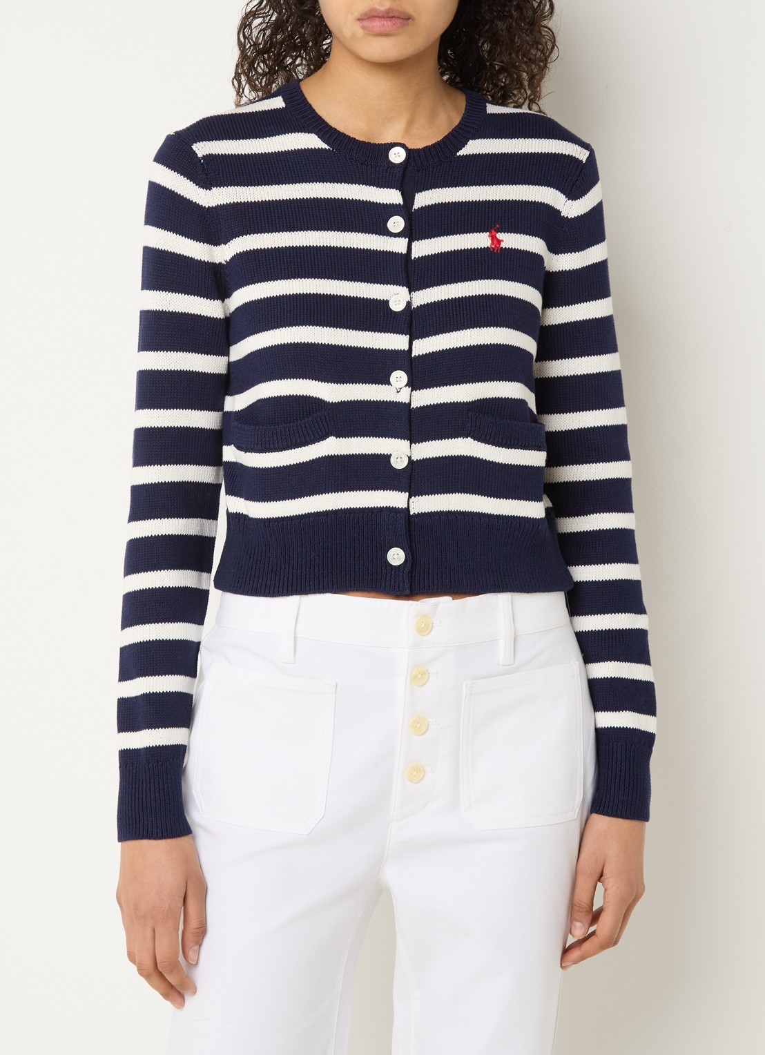 Ralph Lauren Fijngebreid cropped vest met streepprint en logoborduring - detail 3 donkerblauw
