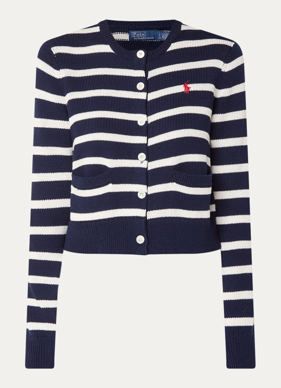 Ralph Lauren Fijngebreid cropped vest met streepprint en logoborduring - voorkant donkerblauw