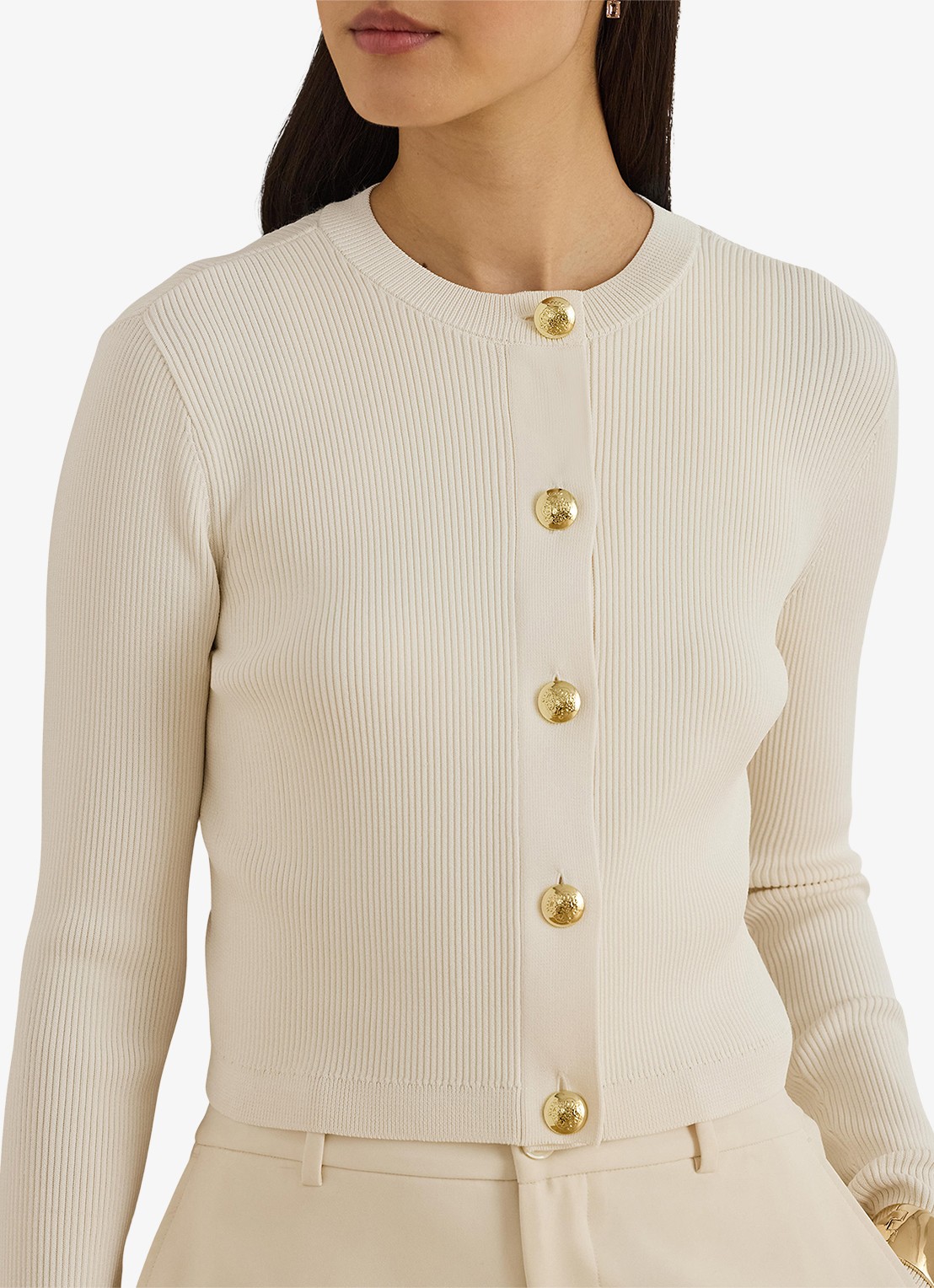 Ralph Lauren Fijngebreid vest met ribstructuur - detail creme