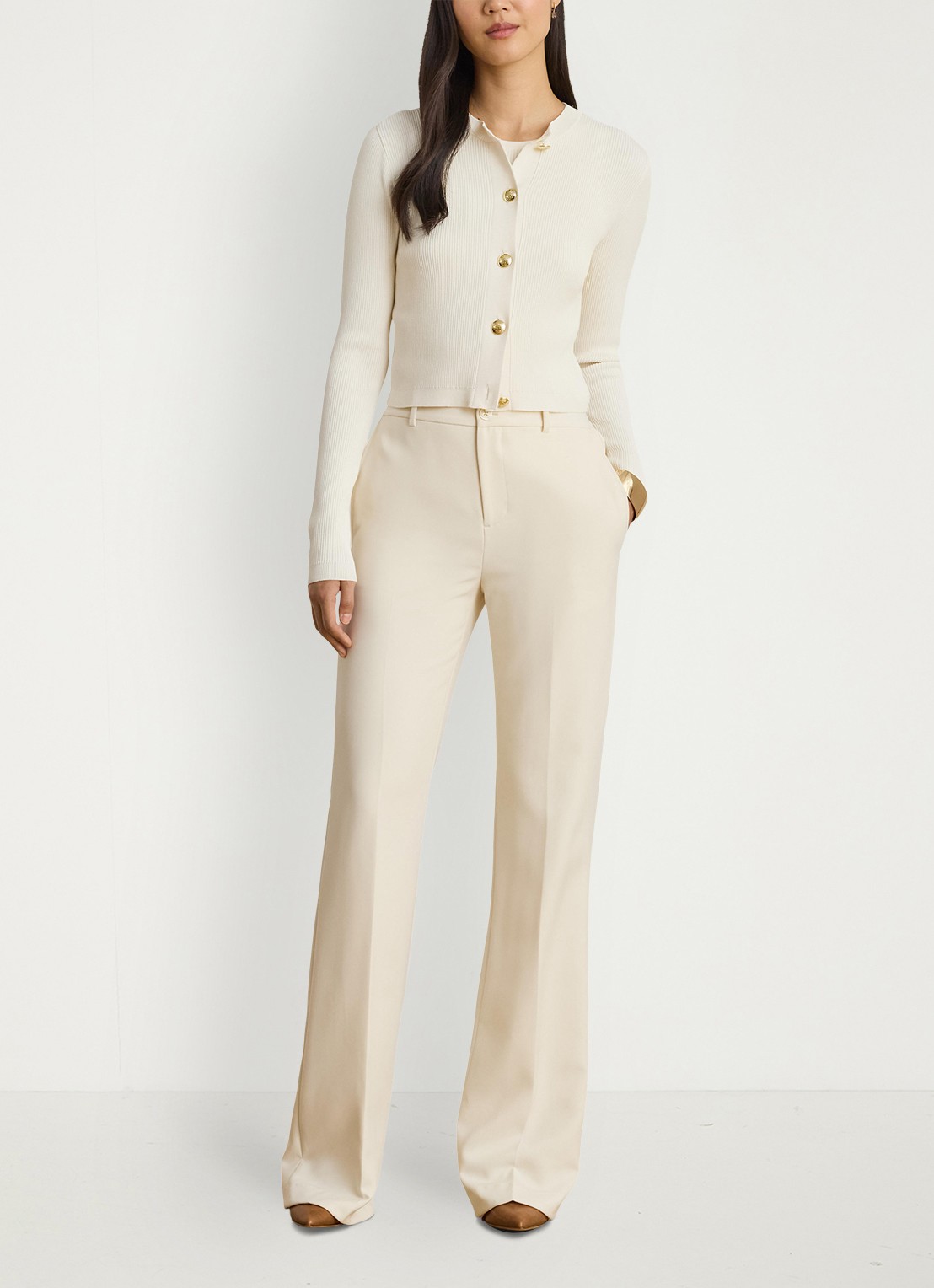 Ralph Lauren Fijngebreid vest met ribstructuur - voorkant 4 creme