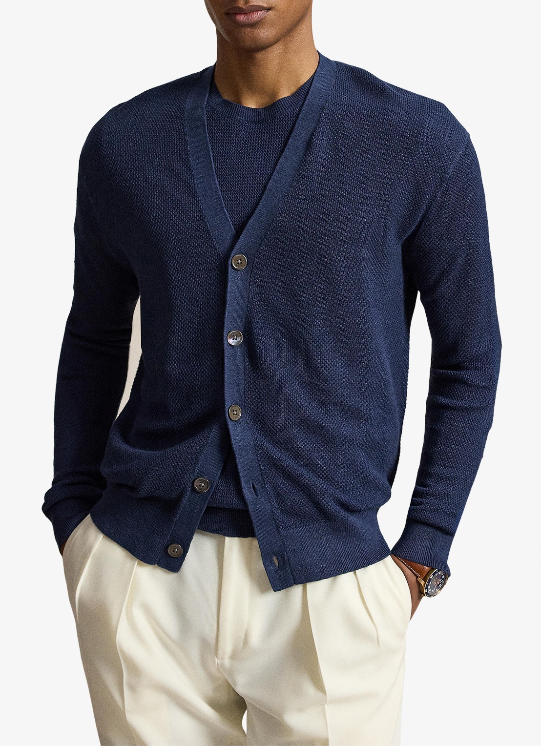 Ralph Lauren Fijngebreid vest van linnen - voorkant 4 newport navy / donkerblauw