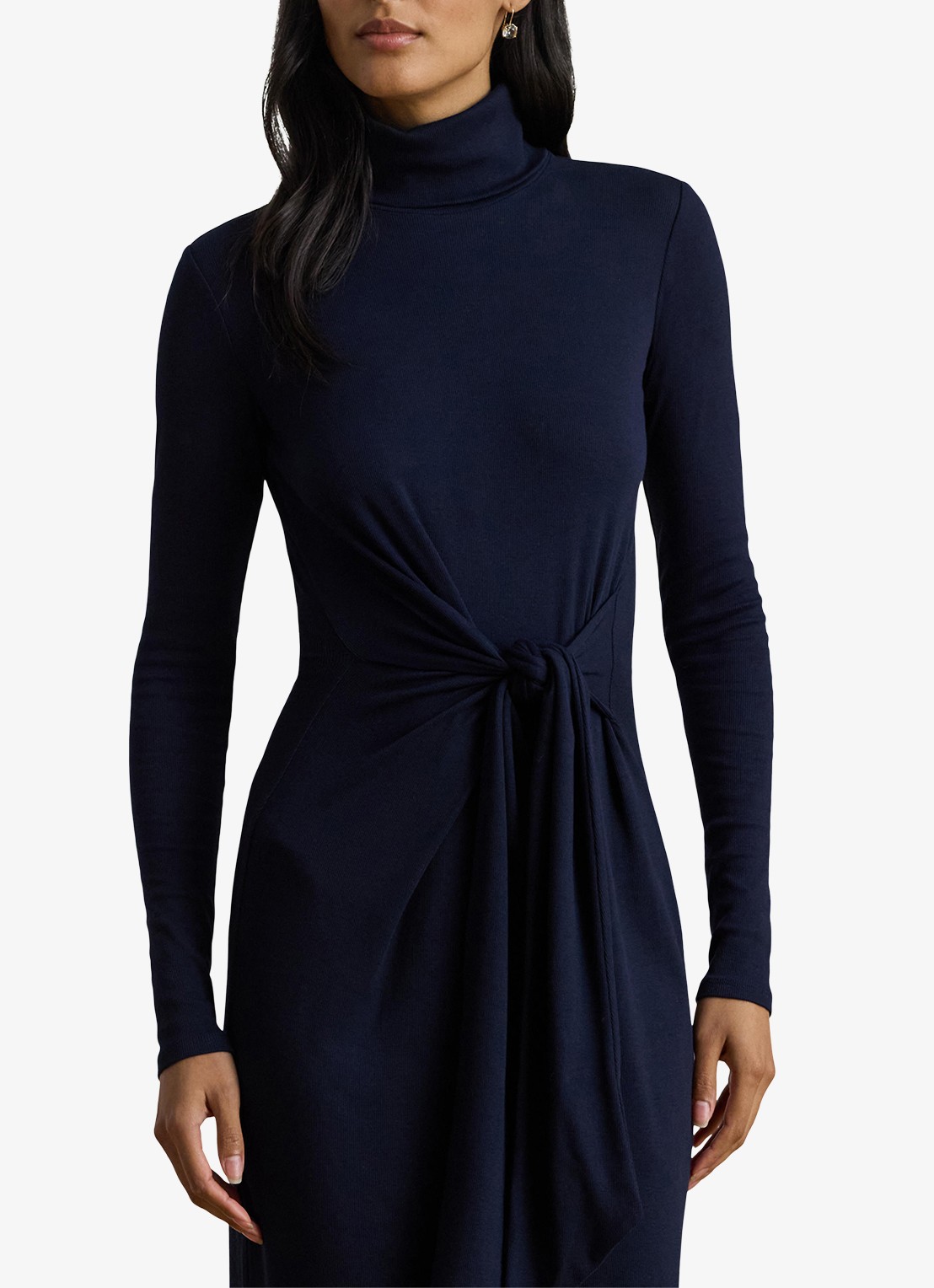 Ralph Lauren Fijngebreide midi jurk met col en strikdetail - detail 3 donkerblauw