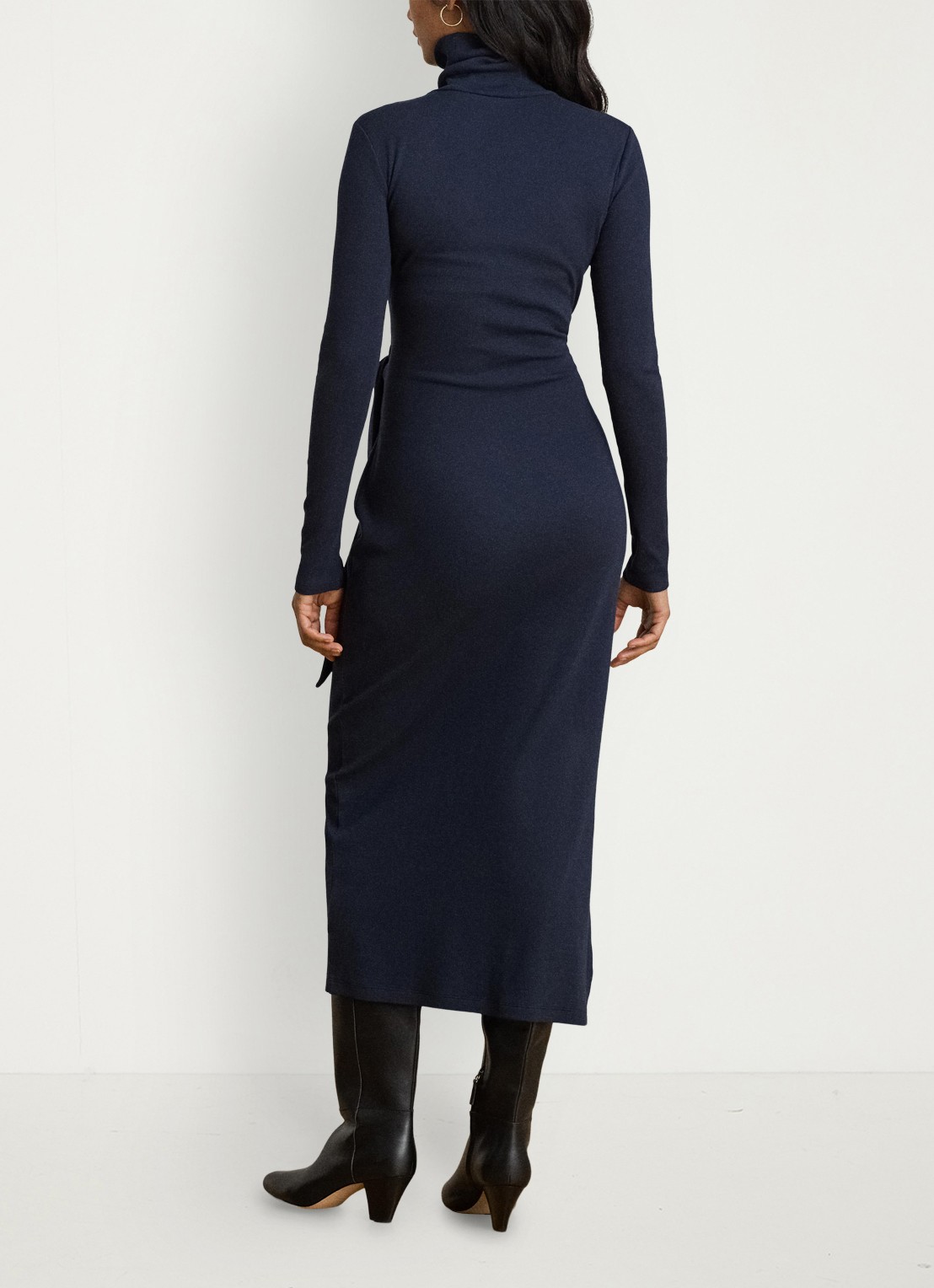 Ralph Lauren Fijngebreide midi jurk met col en strikdetail - achterkant lauren navy / blauw