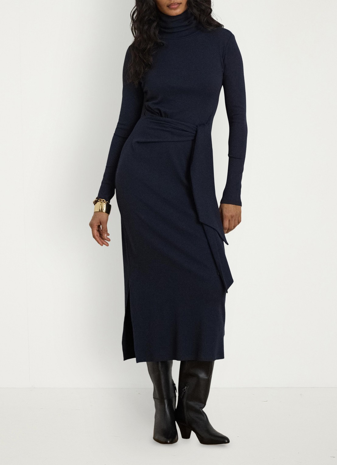 Ralph Lauren Fijngebreide midi jurk met col en strikdetail - voorkant 5 lauren navy / blauw