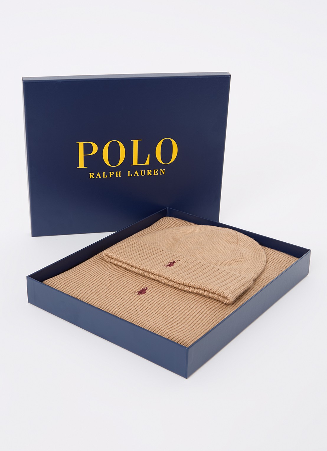 Ralph Lauren Fijngebreide muts en sjaal van wol in giftbox - voorkant 3 camel