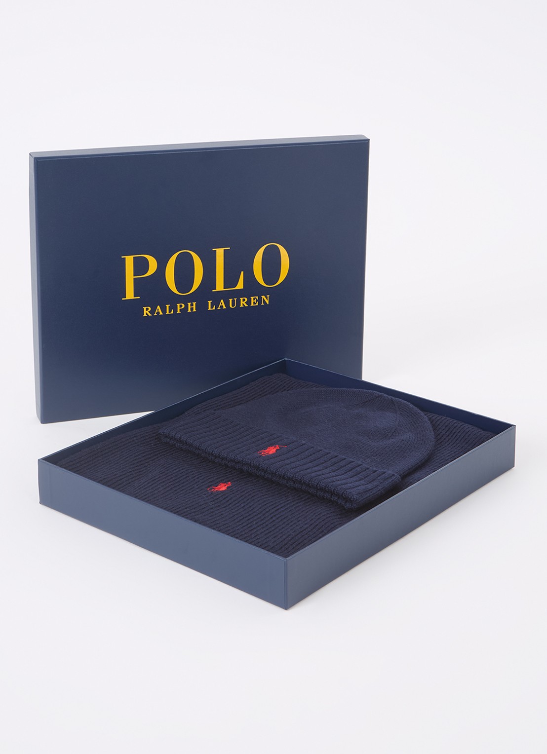 Ralph Lauren Fijngebreide muts en sjaal van wol in giftbox - voorkant 3 donkerblauw