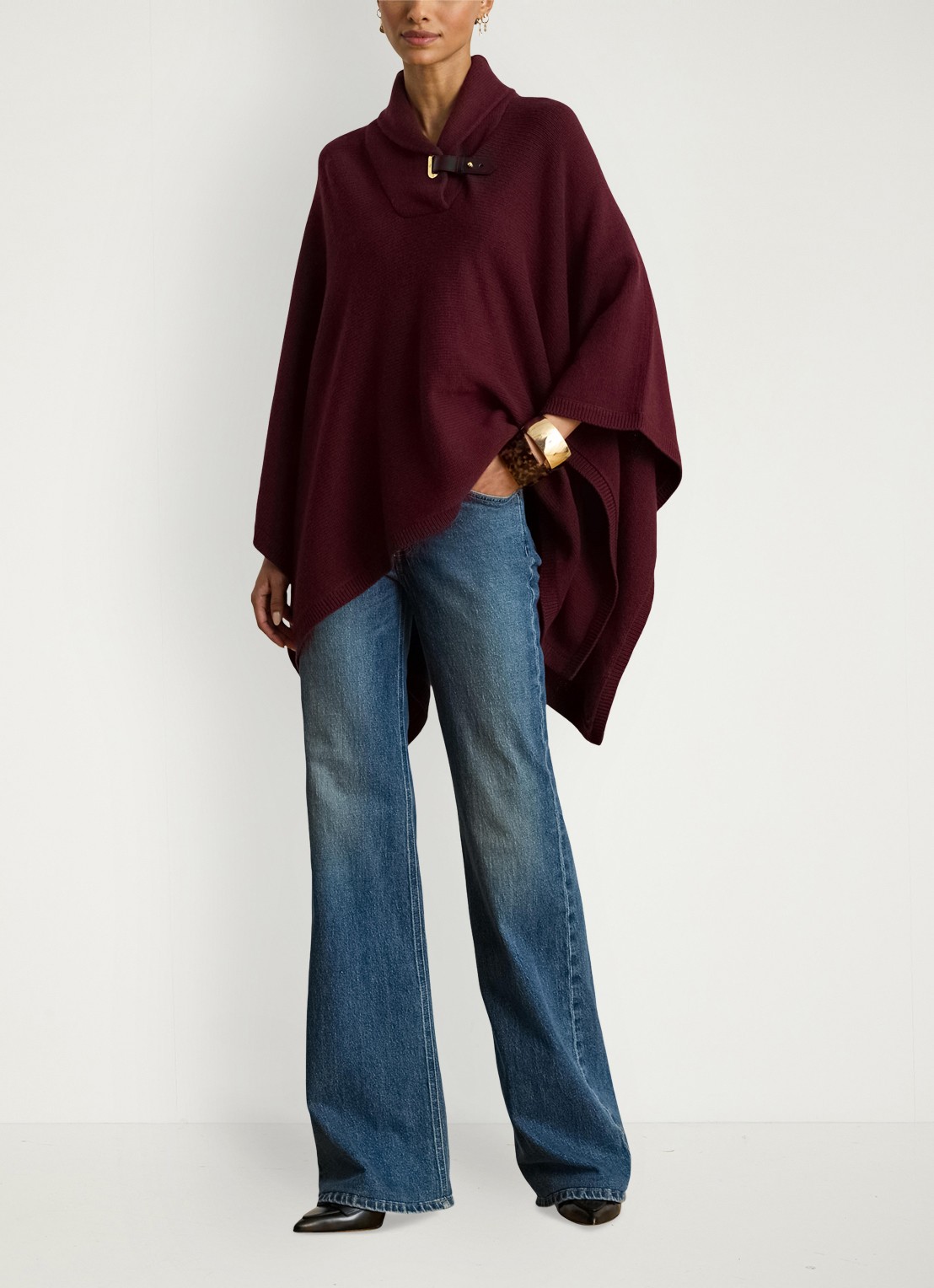 Ralph Lauren Fijngebreide poncho in wolblend - voorkant 2 bordeauxrood