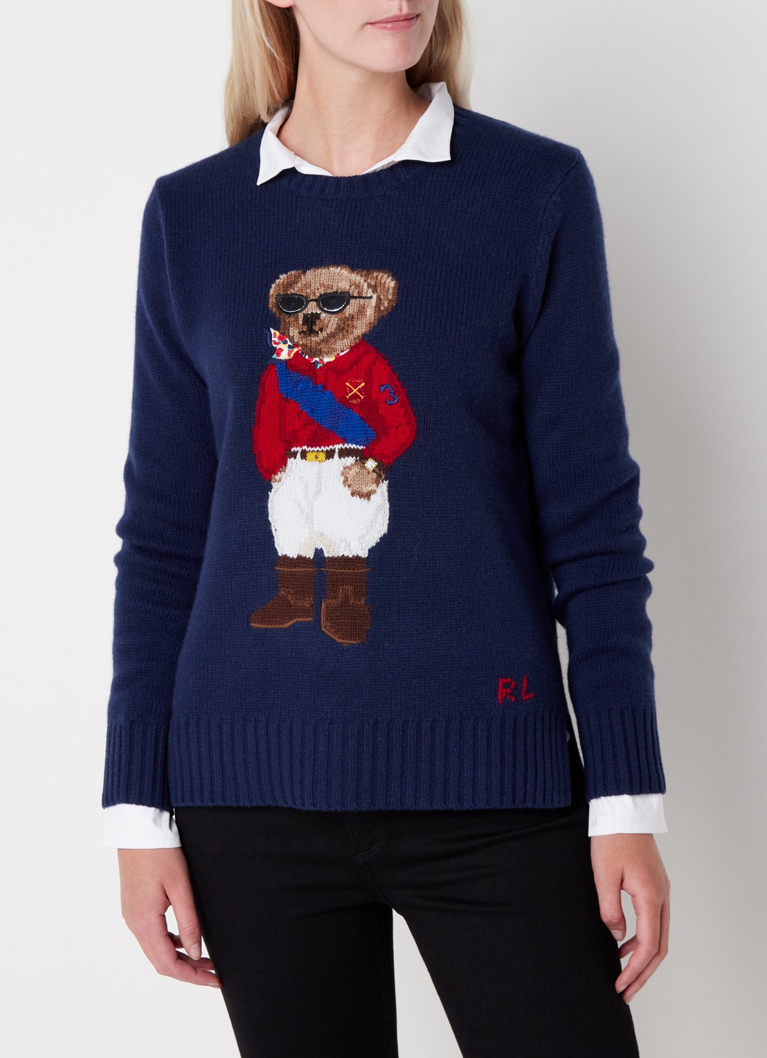 Ralph Lauren Fijngebreide pullover in kasjmierblend met borduring  - detail donkerblauw