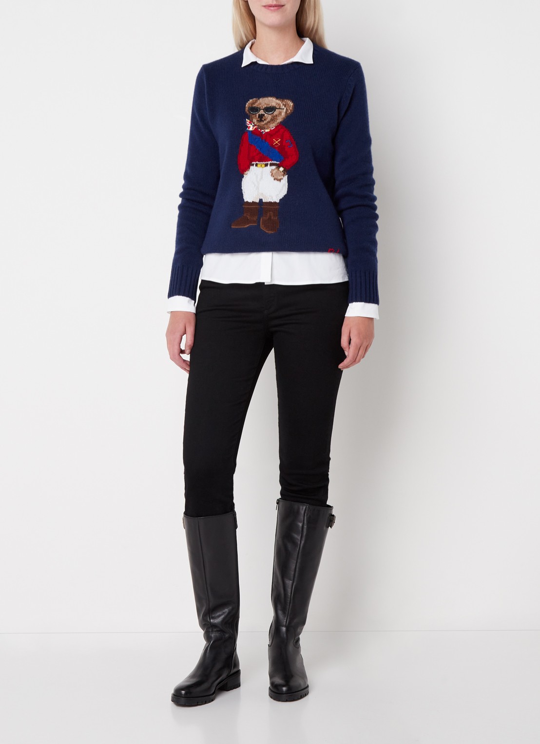Ralph Lauren Fijngebreide pullover in kasjmierblend met borduring  - voorkant 3 donkerblauw