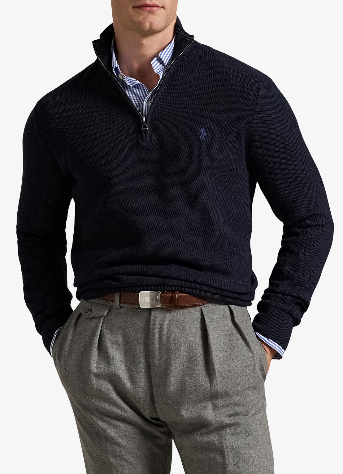 Ralph Lauren Fijngebreide pullover met halve rits en logoborduring - detail 3 navy htr / blauw