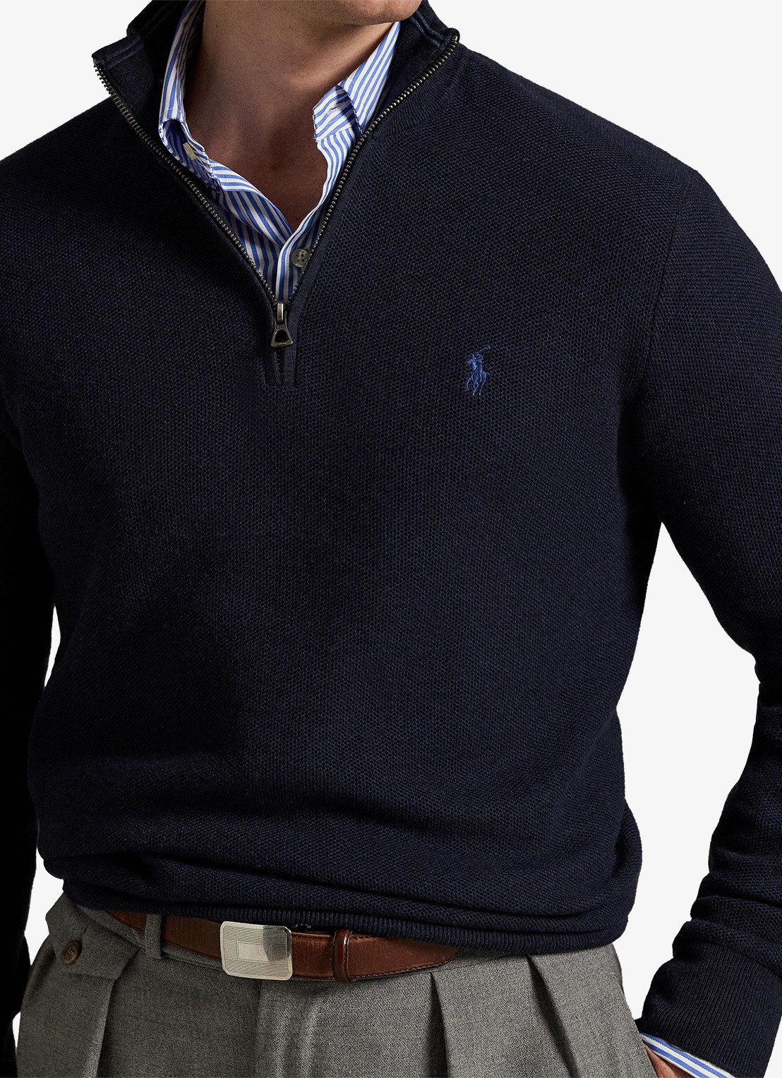 Ralph Lauren Fijngebreide pullover met halve rits en logoborduring - detail 4 navy htr / blauw