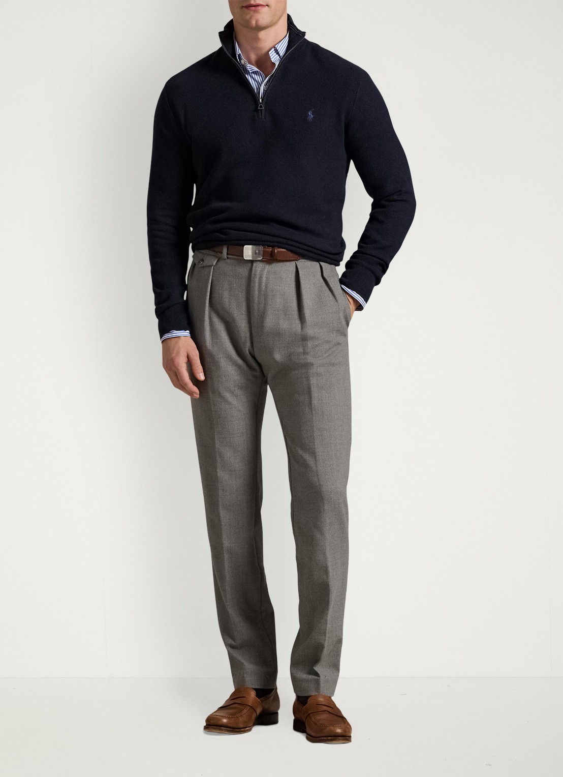 Ralph Lauren Fijngebreide pullover met halve rits en logoborduring - voorkant 2 navy htr / blauw