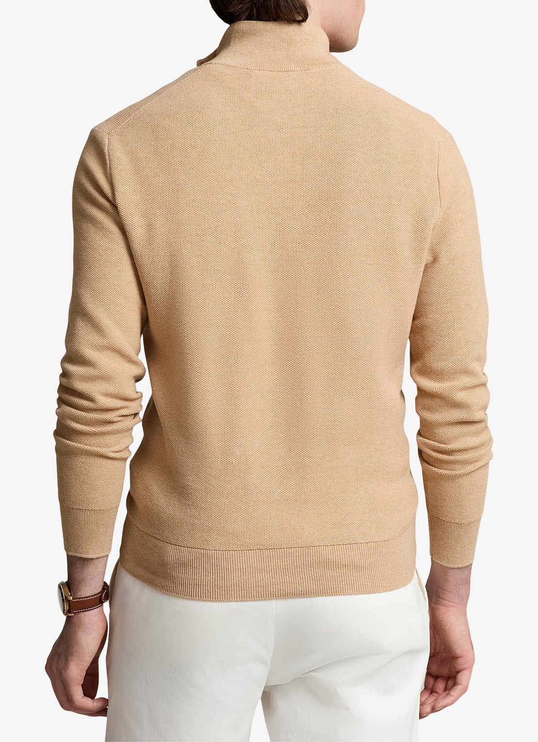 Ralph Lauren Fijngebreide pullover met halve rits en logoborduring - achterkant camel melange / beige