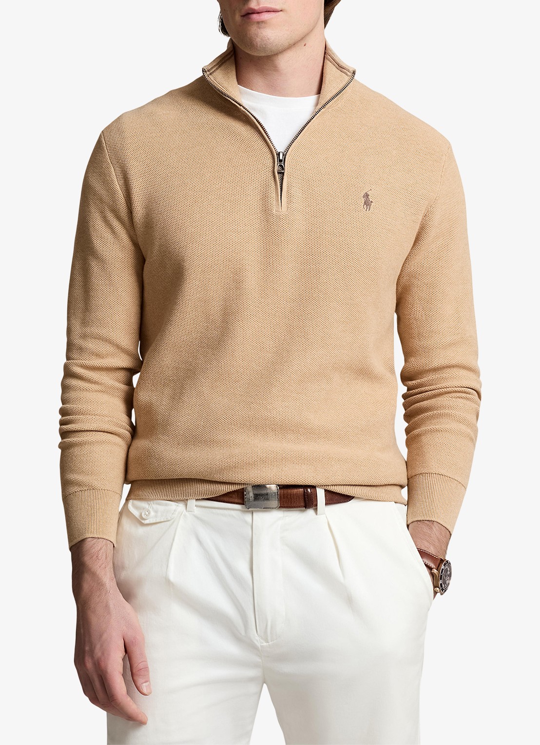 Ralph Lauren Fijngebreide pullover met halve rits en logoborduring - detail 4 camel melange / beige