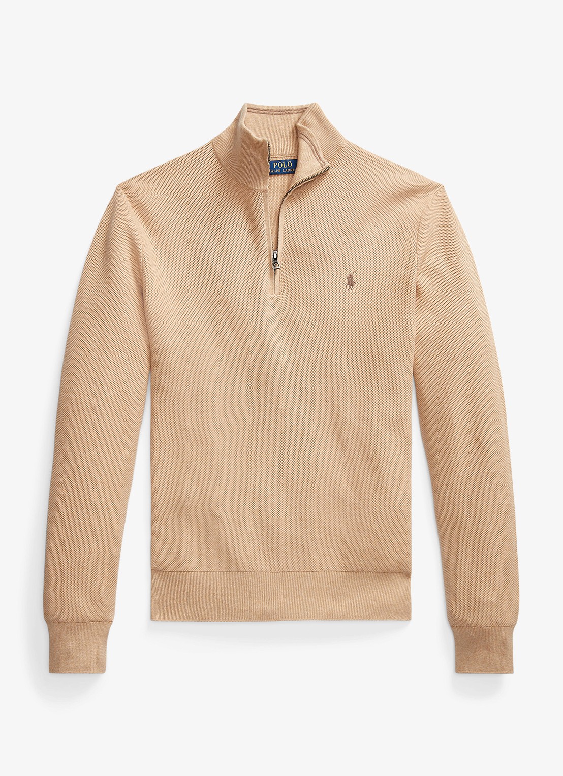 Ralph Lauren Fijngebreide pullover met halve rits en logoborduring - voorkant 2 camel melange / beige