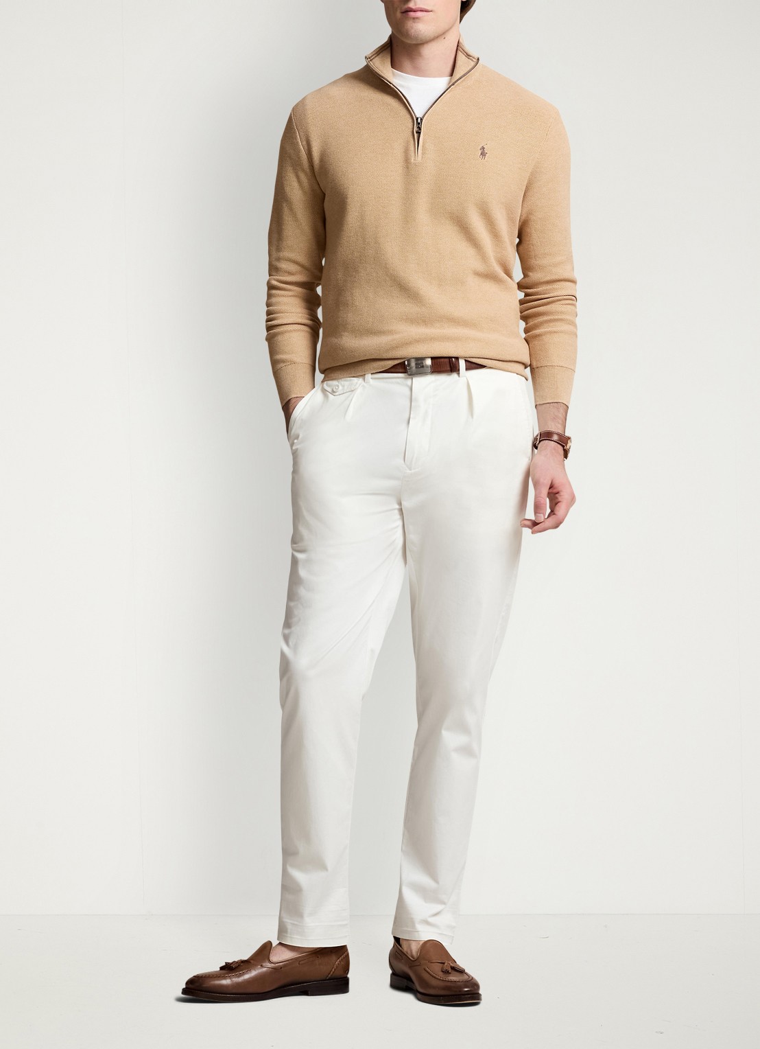 Ralph Lauren Fijngebreide pullover met halve rits en logoborduring - voorkant 3 camel melange / beige