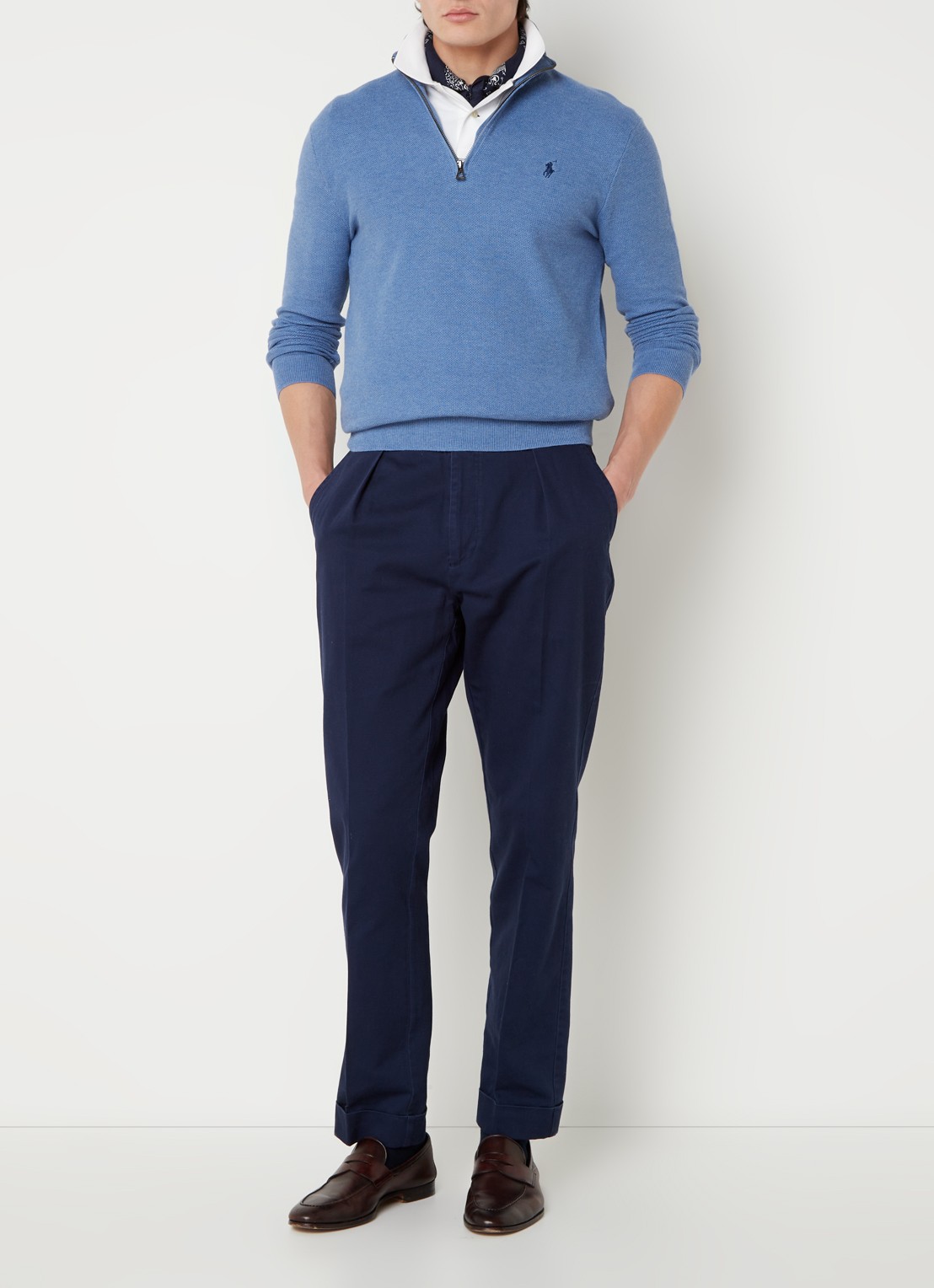 Ralph Lauren Fijngebreide pullover met halve rits en logoborduring - voorkant 2 blue stone hthr / blauw