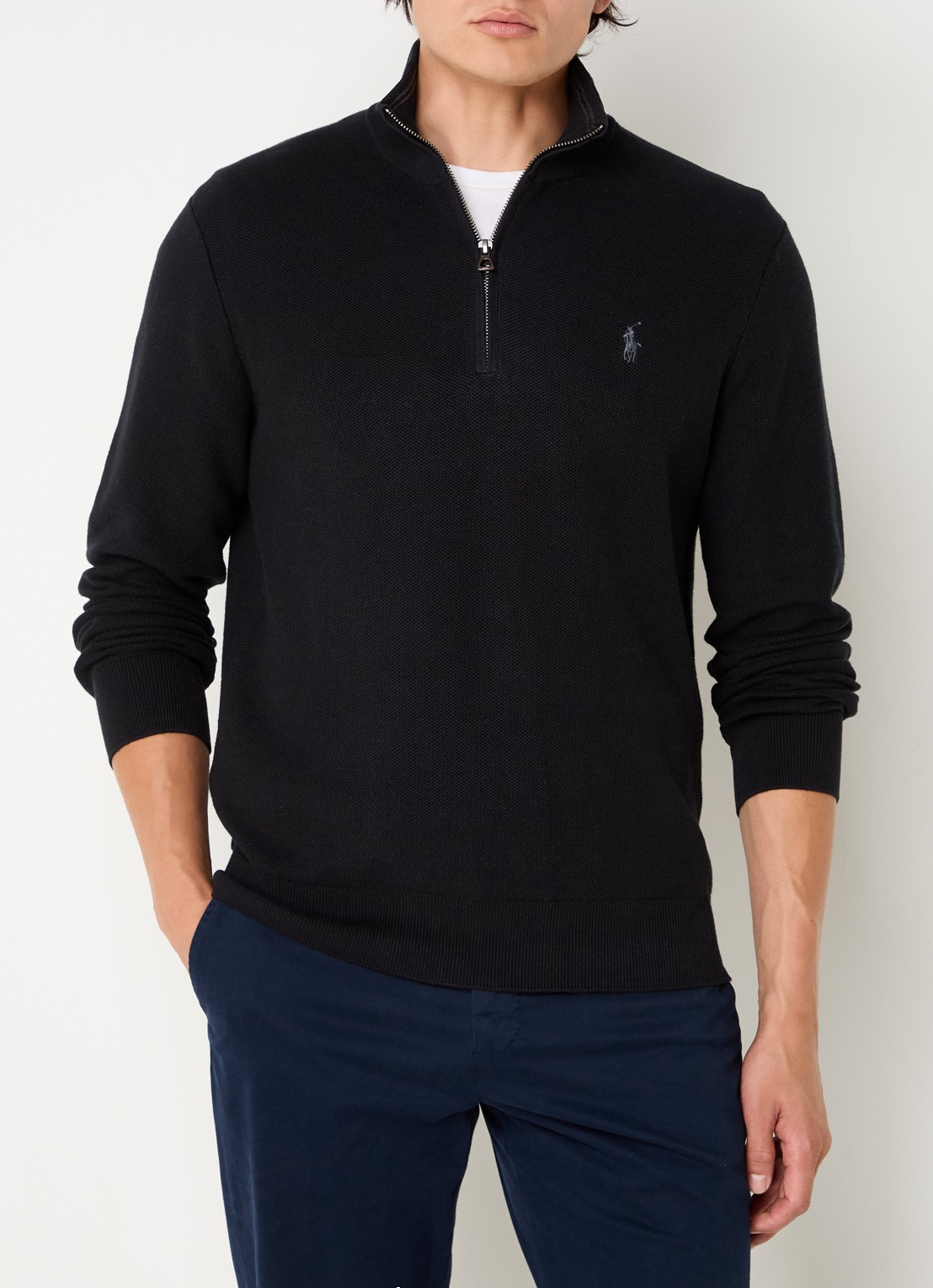 Ralph Lauren Fijngebreide pullover met halve rits en logoborduring - detail 6 polo black/tonal purple / zwart