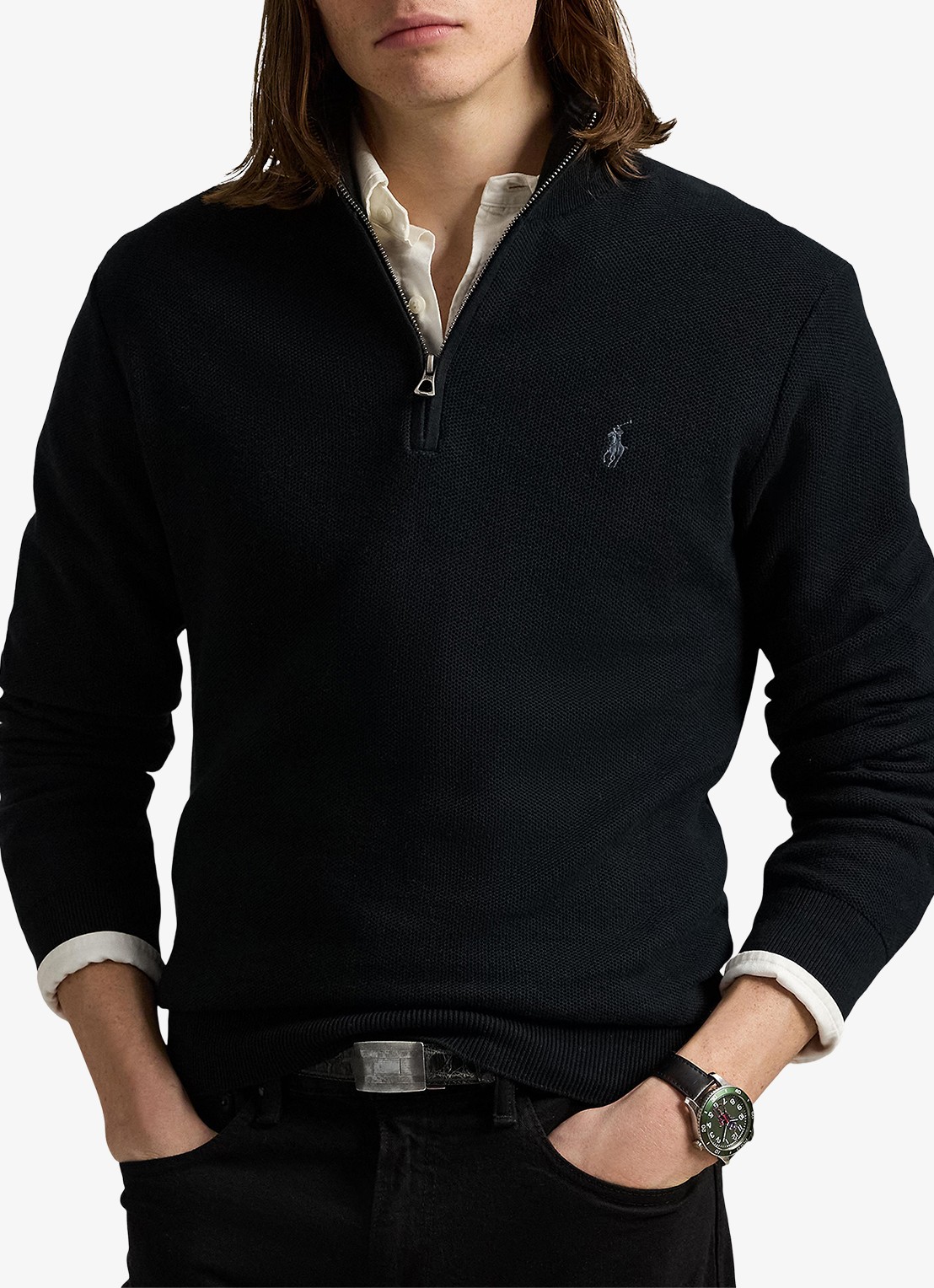 Ralph Lauren Fijngebreide pullover met halve rits en logoborduring - detail 7 polo black/tonal purple / zwart
