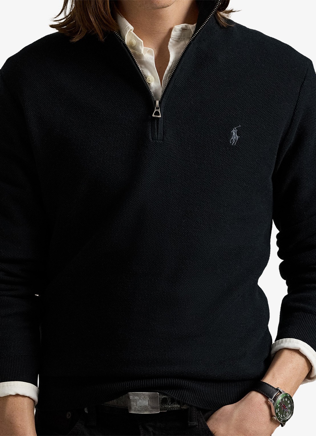 Ralph Lauren Fijngebreide pullover met halve rits en logoborduring - detail 8 polo black/tonal purple / zwart