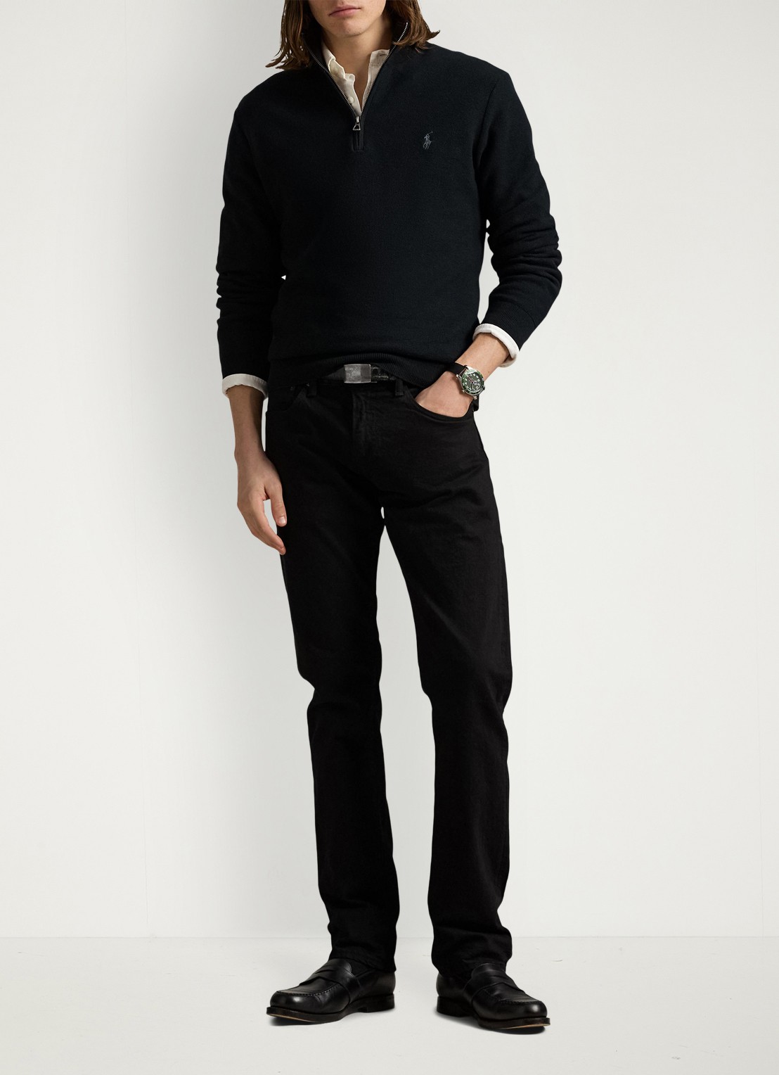 Ralph Lauren Fijngebreide pullover met halve rits en logoborduring - voorkant 2 polo black/tonal purple / zwart