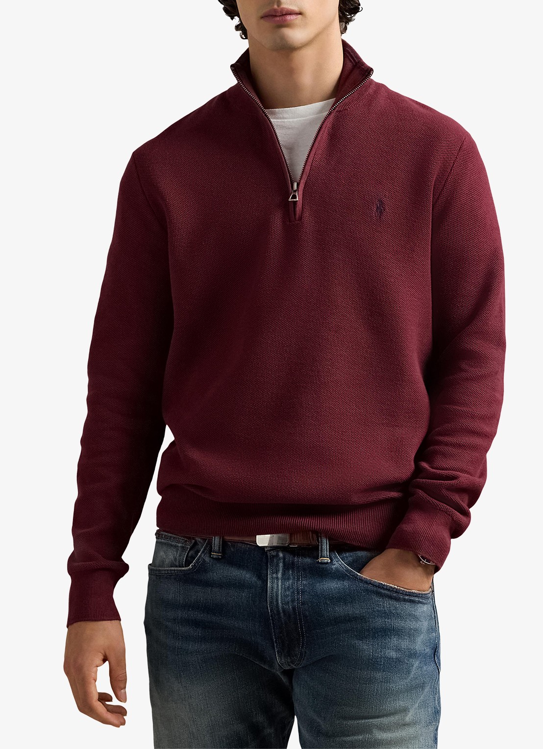Ralph Lauren Fijngebreide pullover met halve rits en logoborduring - detail red wine / wijnrood