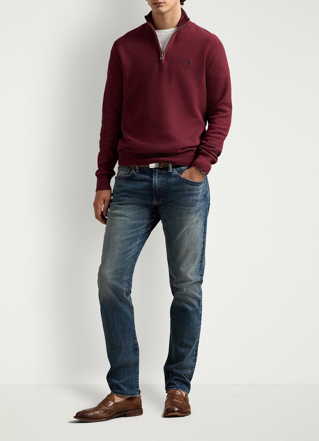 Ralph Lauren Fijngebreide pullover met halve rits en logoborduring - voorkant 4 red wine / wijnrood