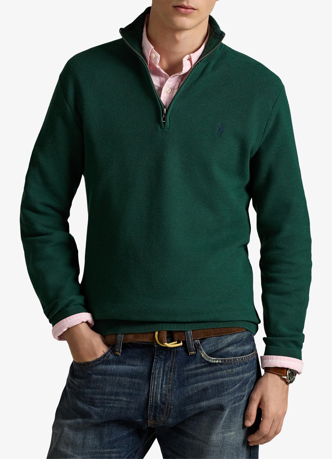 Ralph Lauren Fijngebreide pullover met halve rits en logoborduring - detail groen