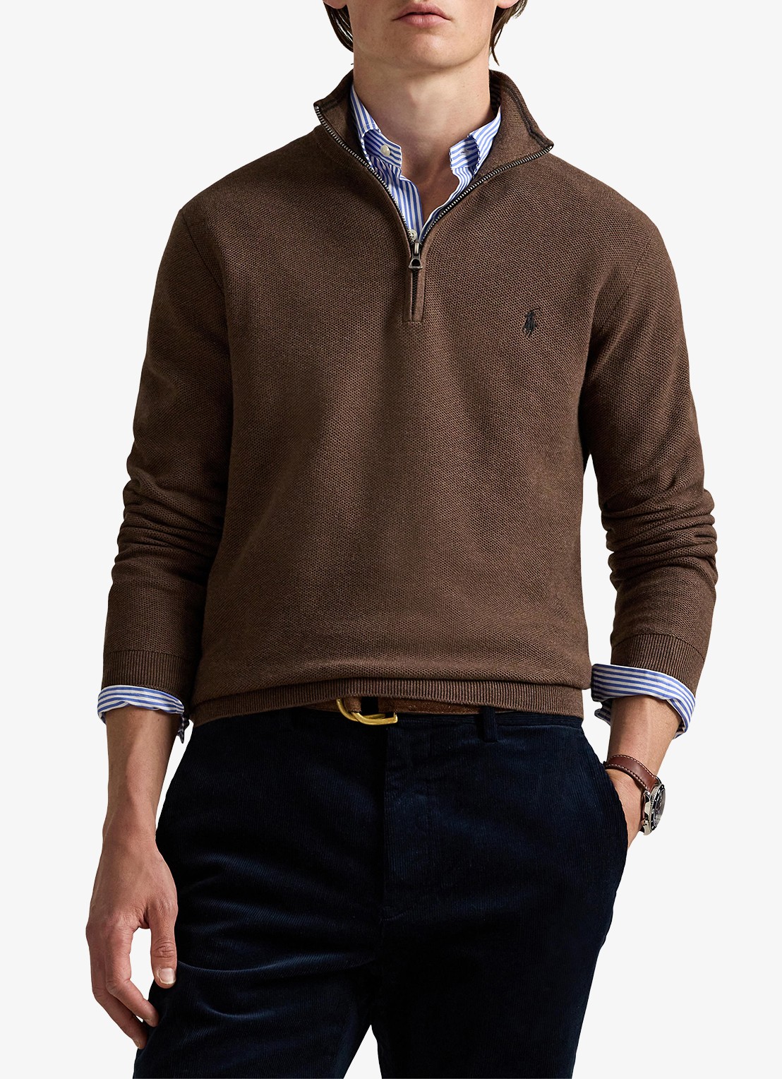 Ralph Lauren Fijngebreide pullover met halve rits en logoborduring - detail nutmeg brown heather / bruin