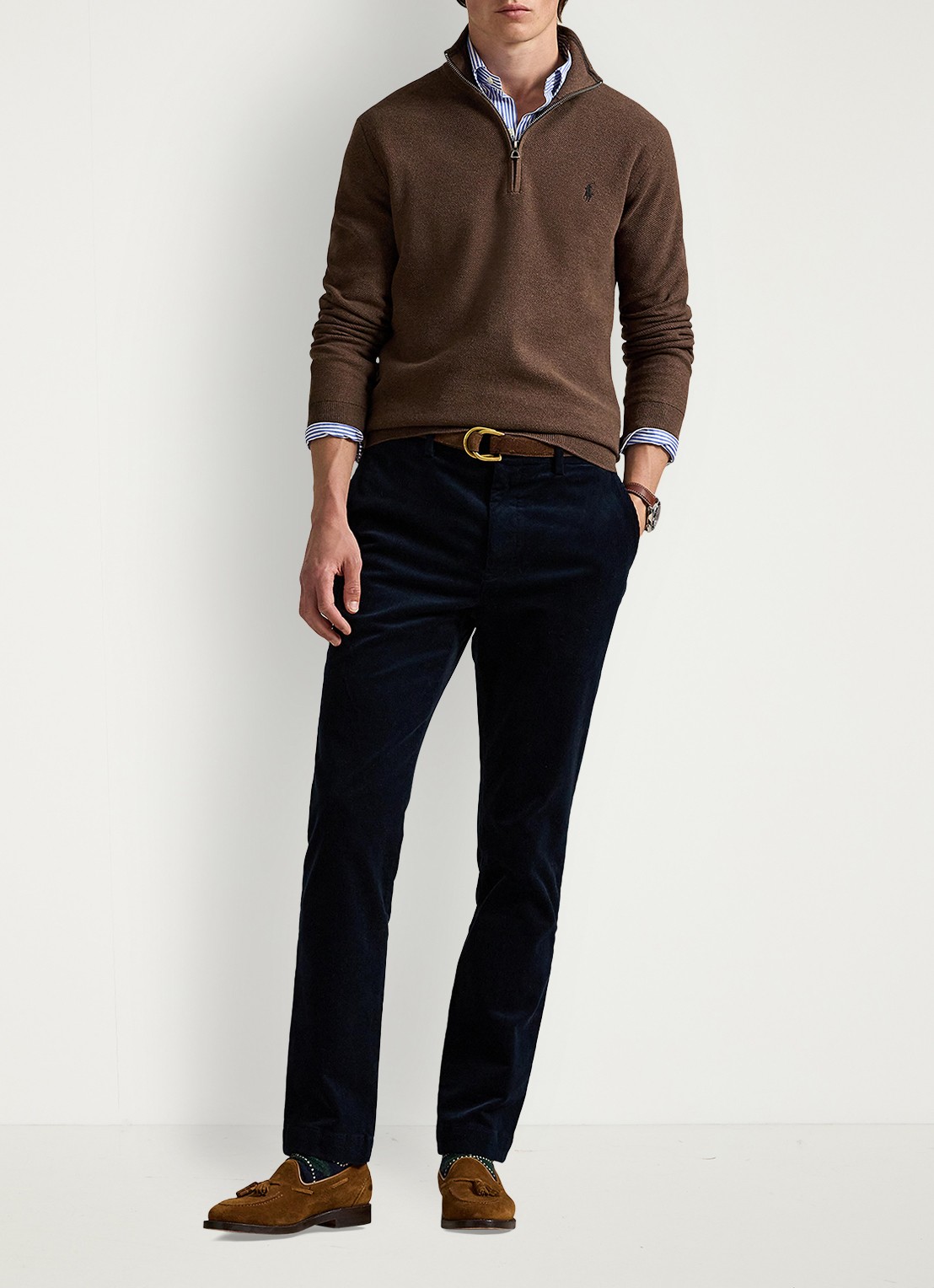 Ralph Lauren Fijngebreide pullover met halve rits en logoborduring - voorkant 4 nutmeg brown heather / bruin