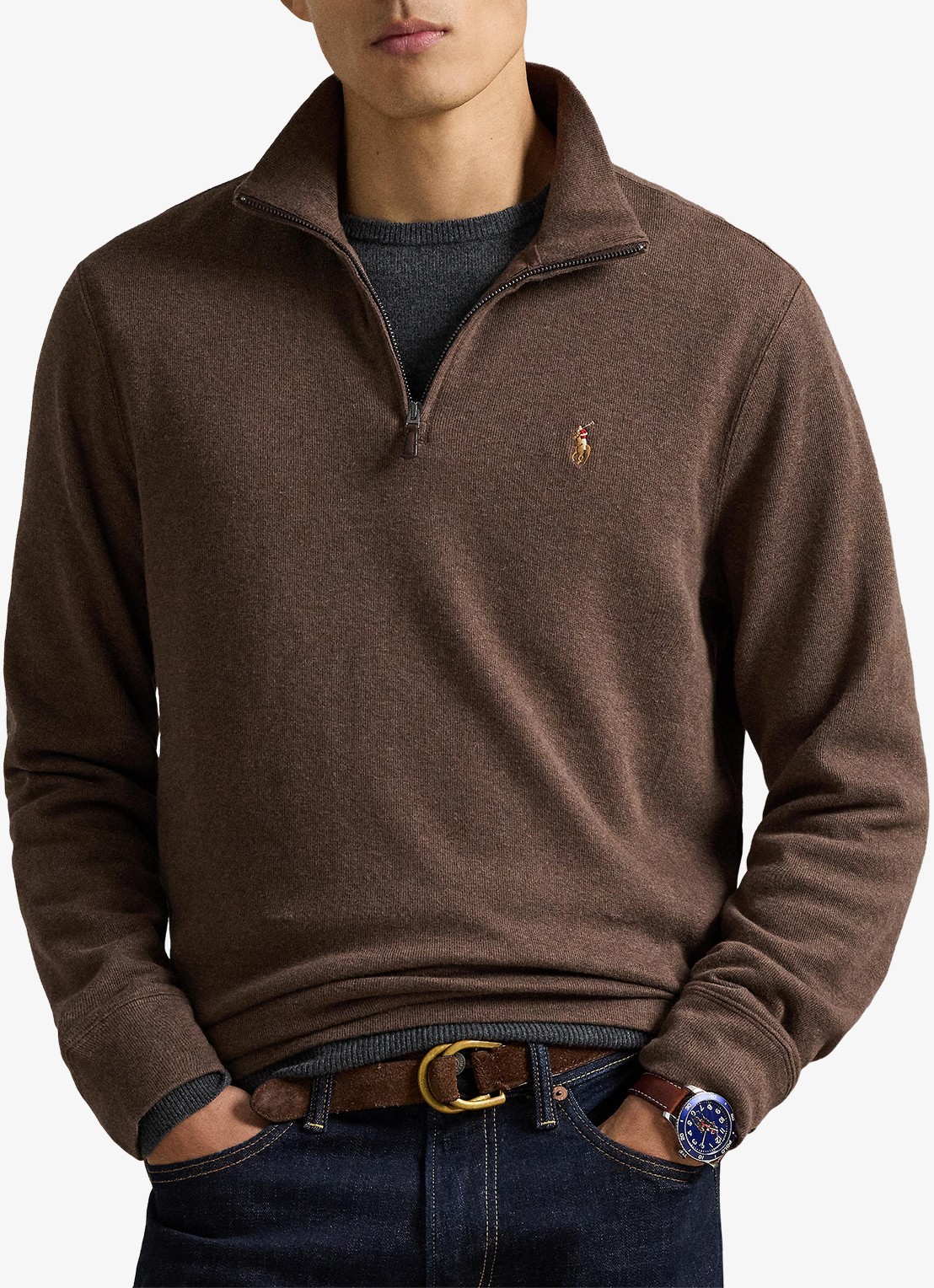 Ralph Lauren Fijngebreide pullover met halve rits  - voorkant 2 nutmeg brown heather 2zao