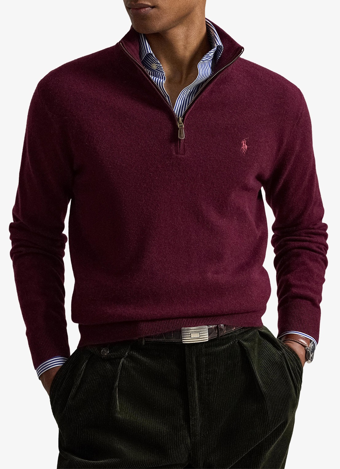 Ralph Lauren Fijngebreide pullover van wol met halve rits - voorkant 4 aged wine heather / wijnrood
