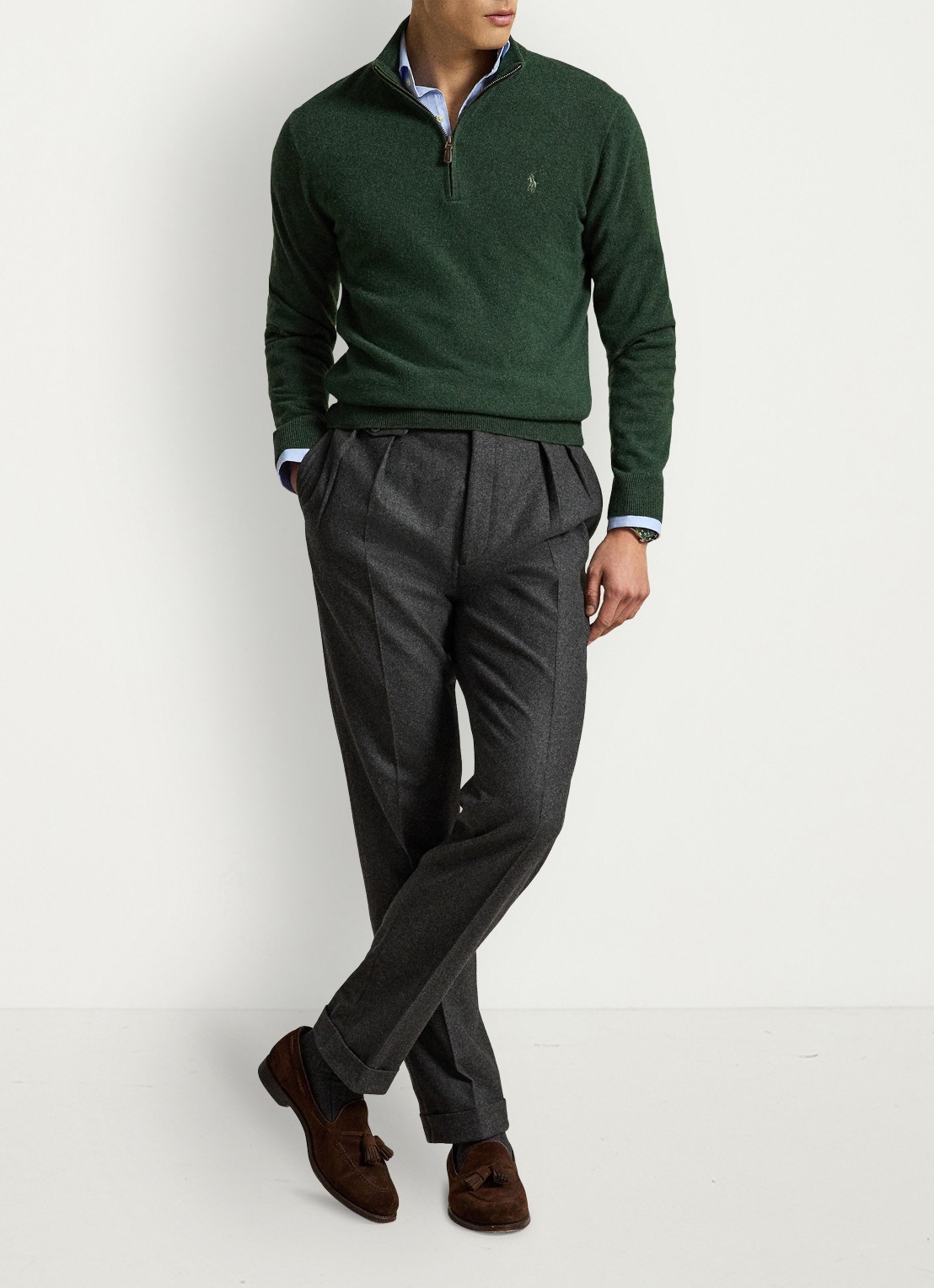 Ralph Lauren Fijngebreide pullover van wol met halve rits - detail 3 lodgepole pine heather / groen