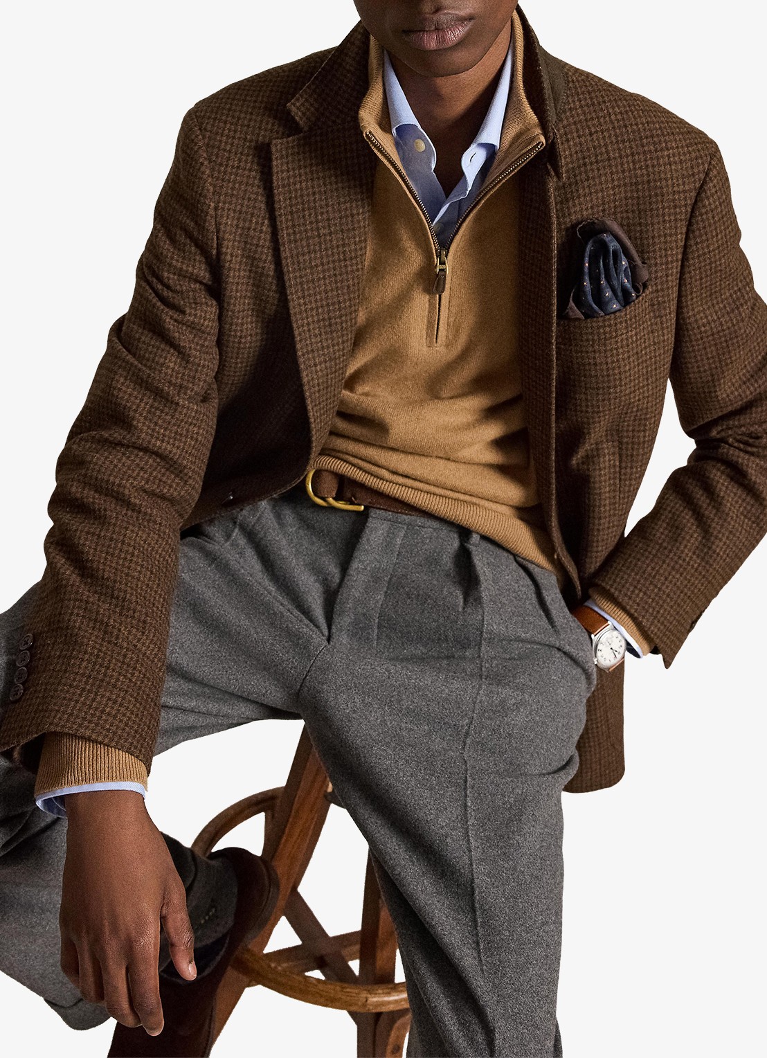 Ralph Lauren Fijngebreide pullover van wol met halve rits - voorkant 2 crouton tan heather / beige