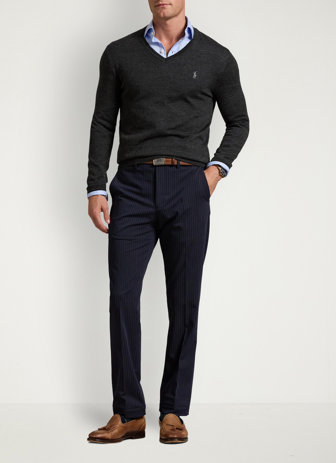 Ralph Lauren Fijngebreide pullover van wol met logoborduring - voorkant 3 dark granite hthr / donkergrijs